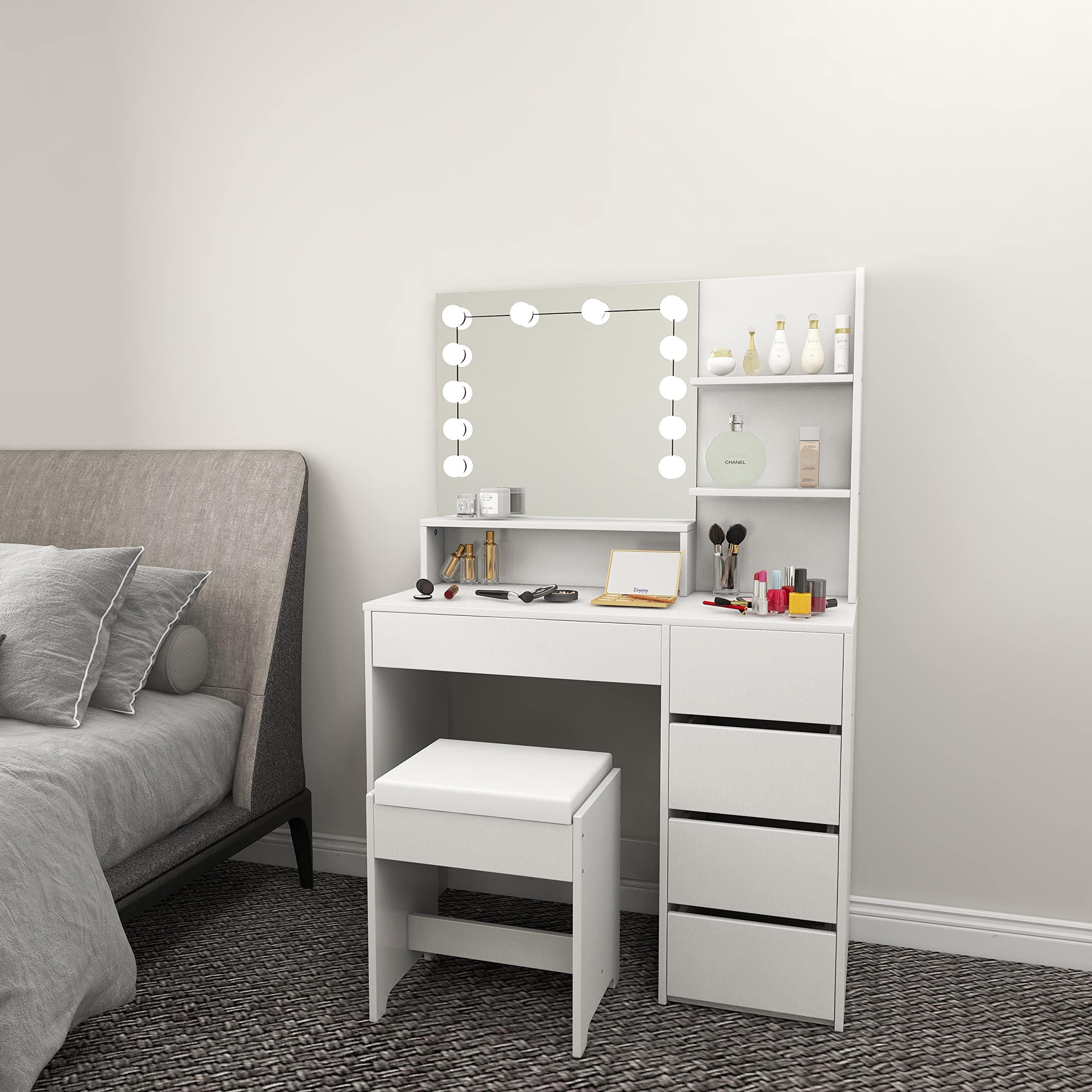 Furniouse 37" W Vanity Desk, Vanity Mirror with Lights and Table Set with 5 Drawers, Vanity Set 3 Lighting Modes Brightness Adjustable for Bedroom Studio