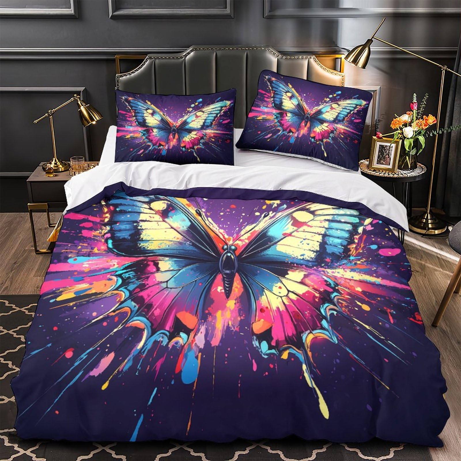 Housse de couette papillon 3D Super King 260x220 cm en microfibre avec 2 taies d'oreiller