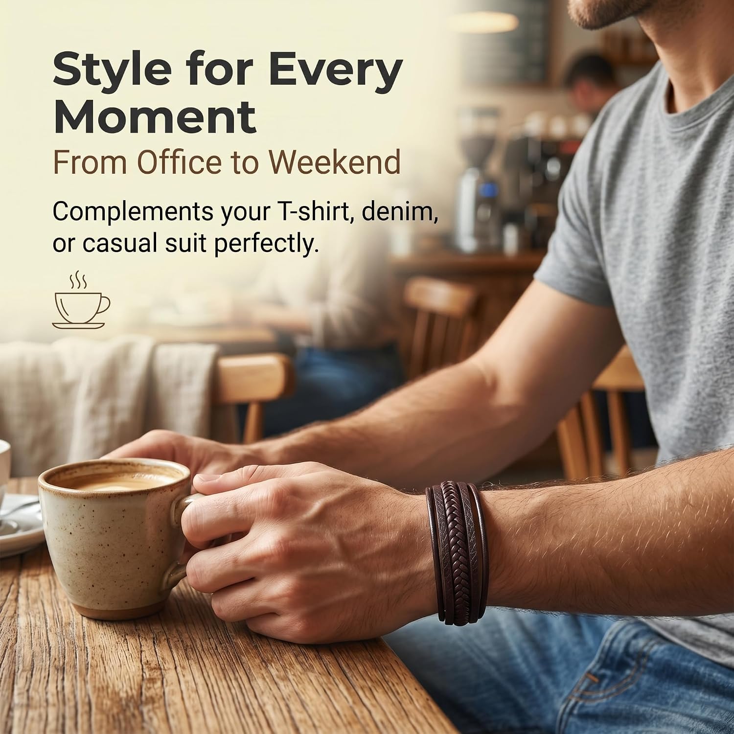 Leather Bracelet for Men, Genuine Leather Stainless Steel Chain with Secure Buckle, Durable Wristband Gift for Men