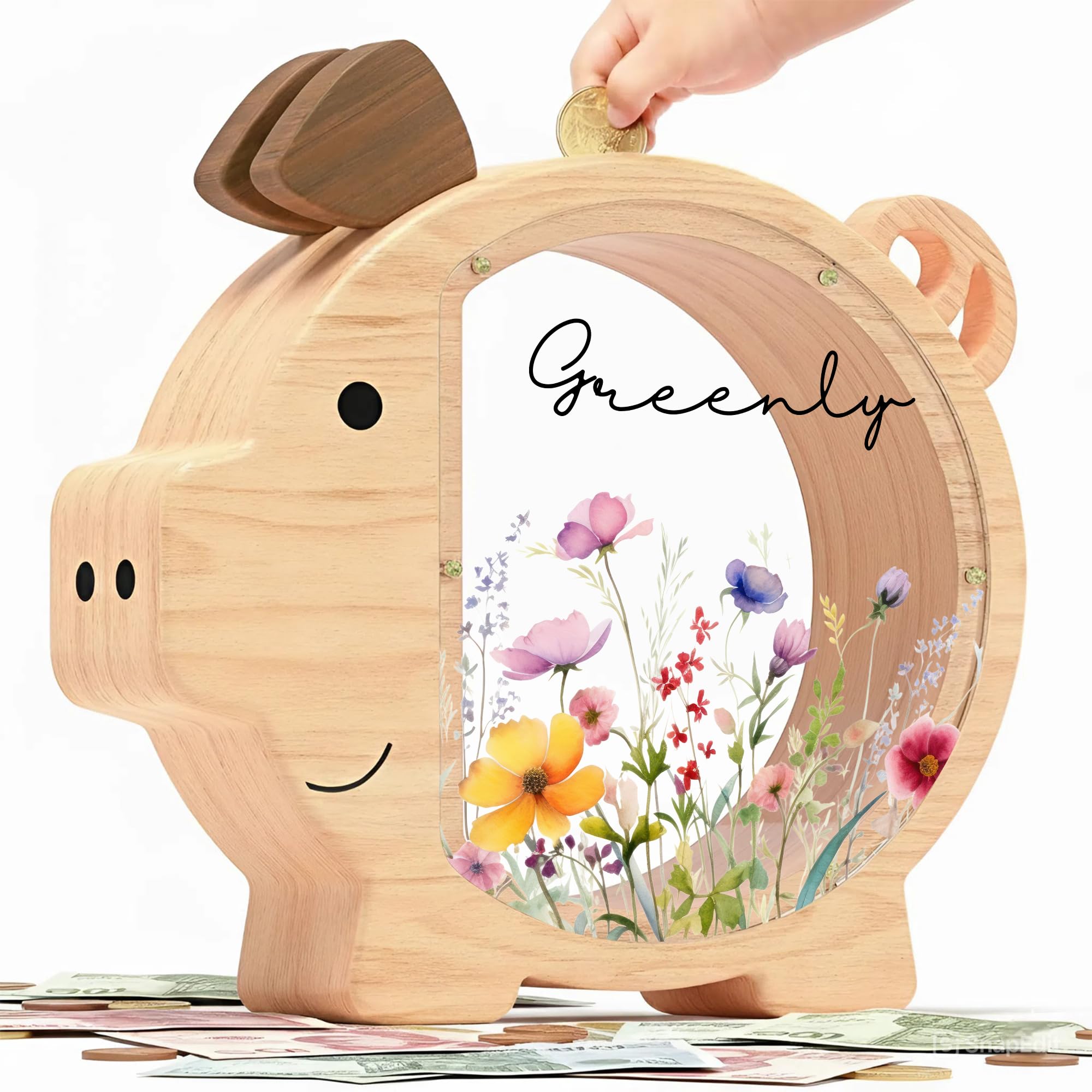 Personalized Piggy Bank, Wooden Money Banks for Kids, Custom Gifts for Boys and Girls, Personalized Piggy Bank for Girls (DK02C Wildflower)