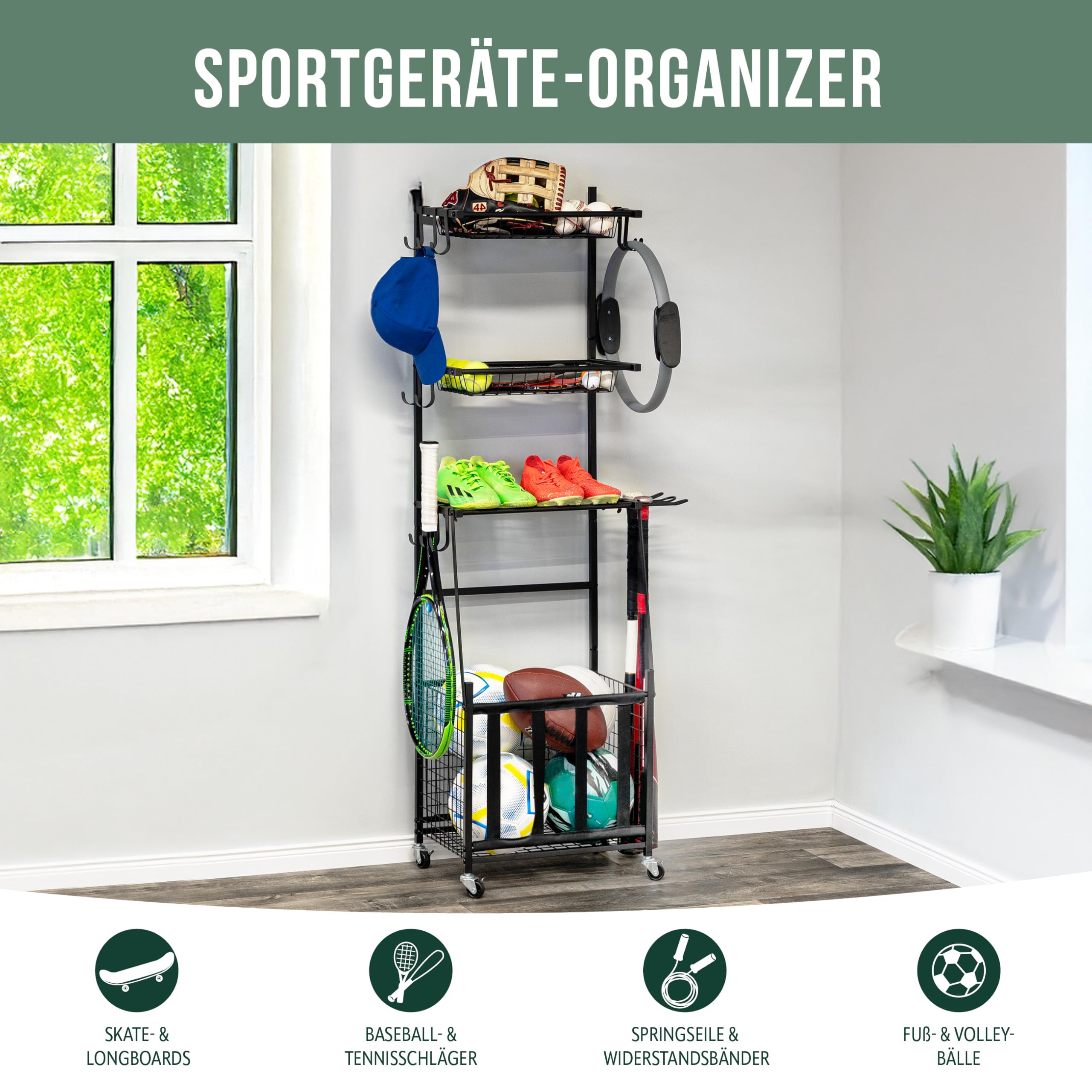 eluno Sportger�tewagen mit stabilen Ablagefl�chen, K�rben und Haken, Fitnessger�te-Organizer f�r B�lle, Baseballschl�ger, aus schwarzem Stahl