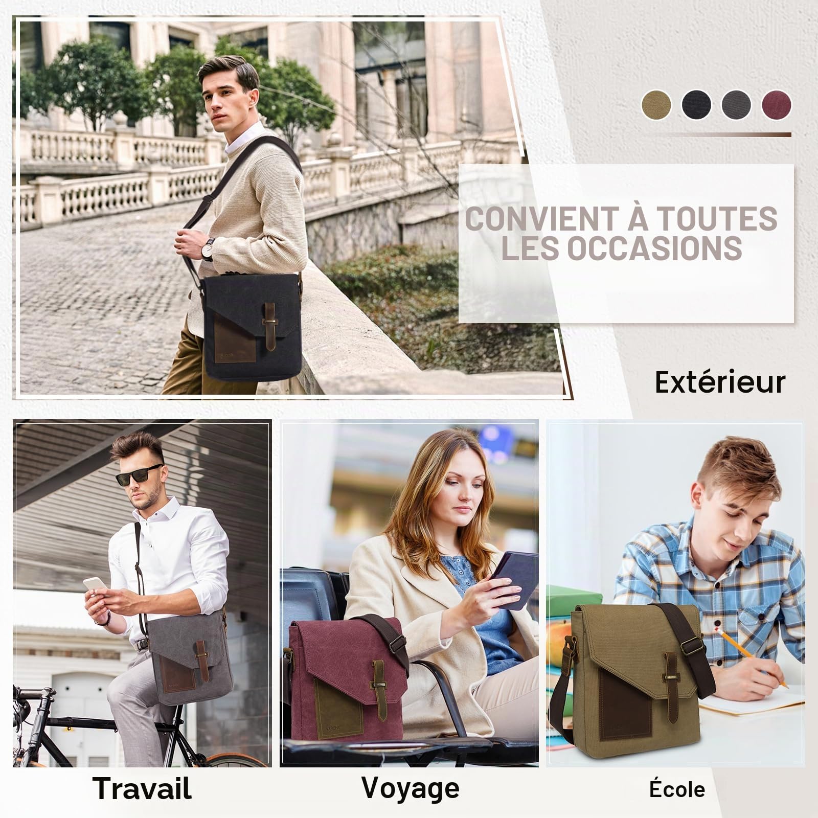 VASCHY Petit sac à bandoulière pour homme en toile vintage en cuir véritable - Sac à bandoulière classique pour le travail, l'école, la vie quotidienne