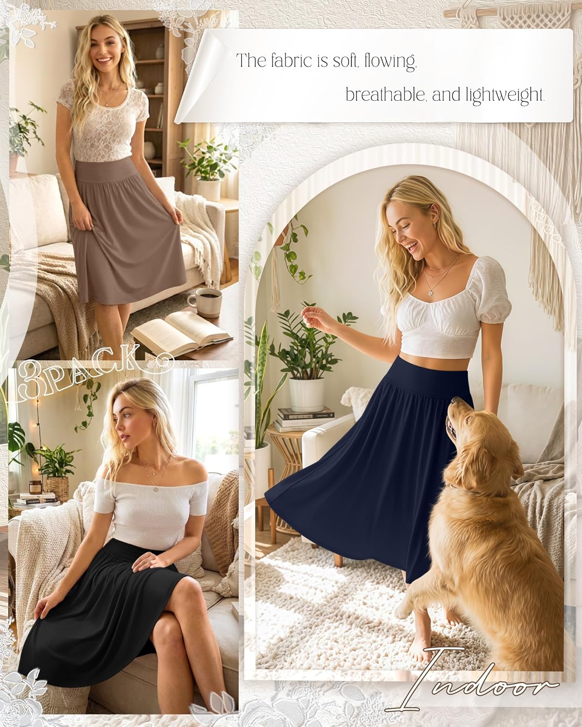 Ficerd 3 Pack Women's Knee Length Casual Skirts with Pockets, Flared High Waisted Midi Pleated Flowy a Line Summer Skirts - Image 2