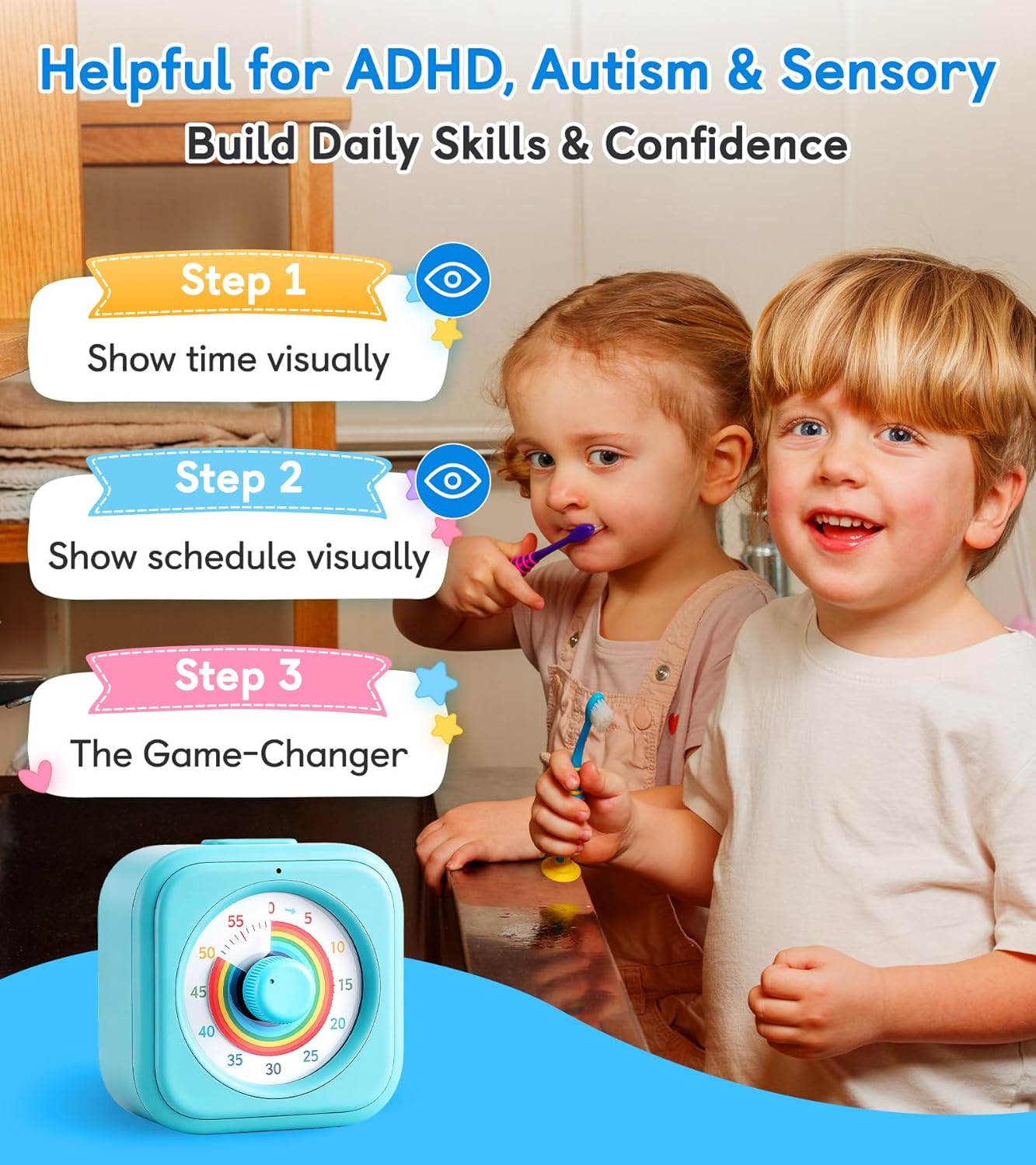 2-in-1 Visual Timer & Magnetic Visual Schedule for Kids, Autism ADHD Time Management Tool with 100+ Routine Chore Chat Magnets, Sensory Learning Materials for Home, Classroom, Special Education Blue-rainbow