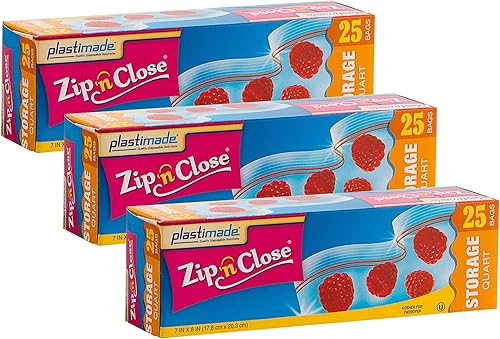 Plastimade Zip'n'Close Bolsas de almacenamiento desechables de plástico resellables, tamaño de cuarto de galón, 75 bolsas, ideales para el hogar,