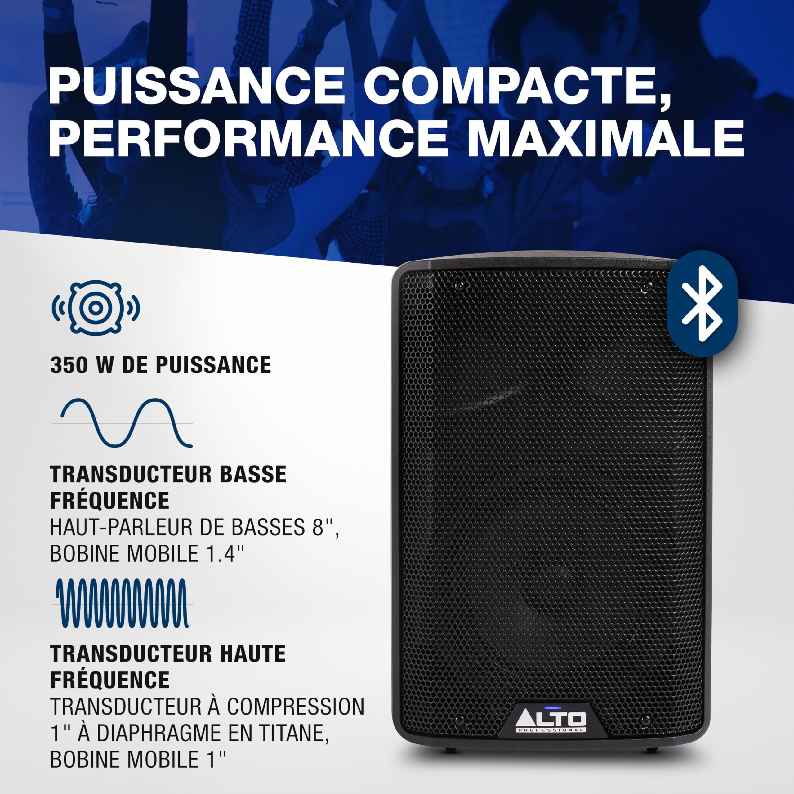 ALTO TX408 Enceinte Amplifiée Actif 350W 8" TWS Bluetooth, Mixeur 2 Canaux, Niveau Ligne pour DJ et Musiciens, Petites Salles, Répétitions et Événements