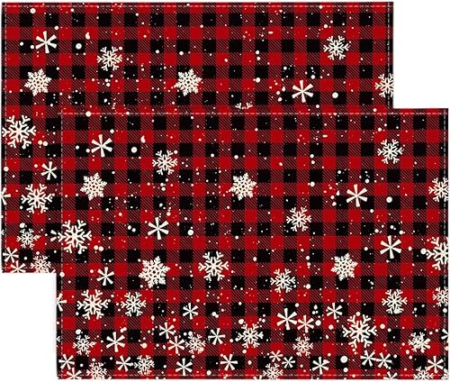 Miniatura 9 de Artoid Mode Juego de 6 manteles individuales redondos navideños con copos de nieve de cuadros búfalo rojo y negro, 14 pulgadas, manteles de mesa