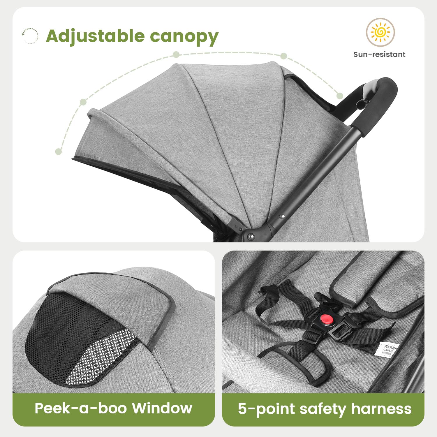 Faltbar Kinder-Buggy Kinderwagen, Regulierbarer 5-Punkt-Sicherheitsgurt, Zusammenklappen mit einer Hand, großes Verdeck, Robuster alle 4 Räder gedämpft, geräumige Sitz, Einkaufskorb (Grau)
