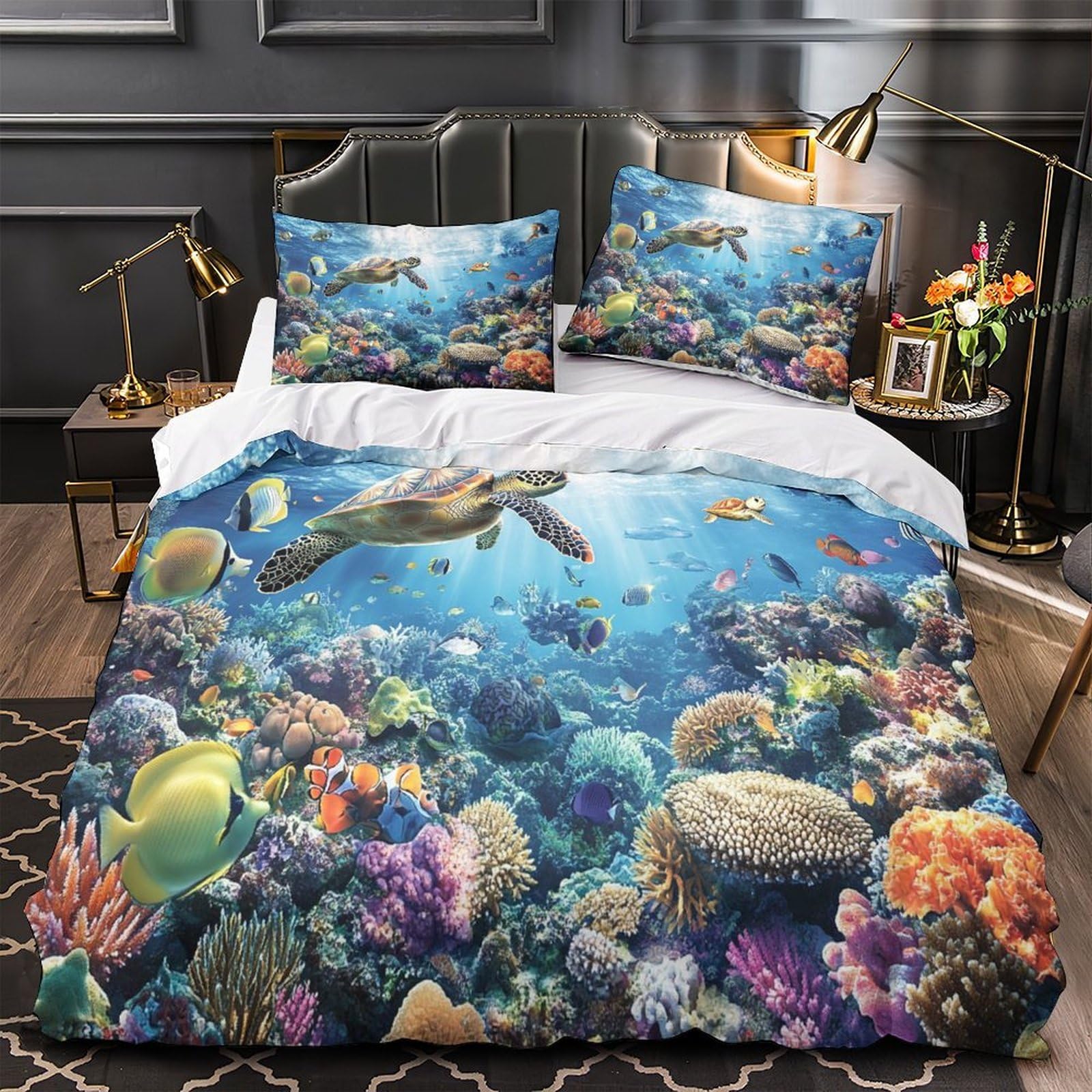Housse de couette océan 3D parure lit simple 135x200cm microfibre décor la vie marine florissante