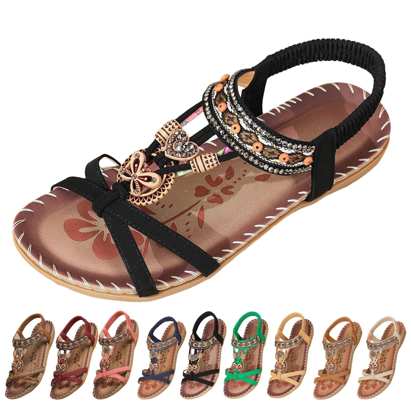 Generisch Sandalias para mujer, estilo boho, sandalias brillantes de estrás, zapatos de playa, elegantes sandalias romanas, tallas grandes, sandalias planas, suaves, antideslizantes, informales, con
