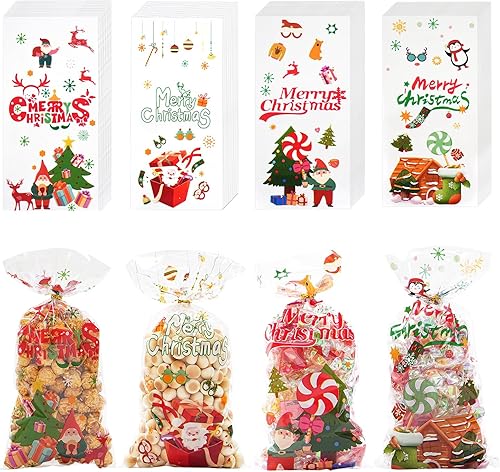 Miniatura 1 de ONFAON Bolsas de celofán de Navidad, 180 bolsas de regalo de Navidad con 200 giros para aperitivos, galletas, dulces, bolsas de regalos de Navidad,