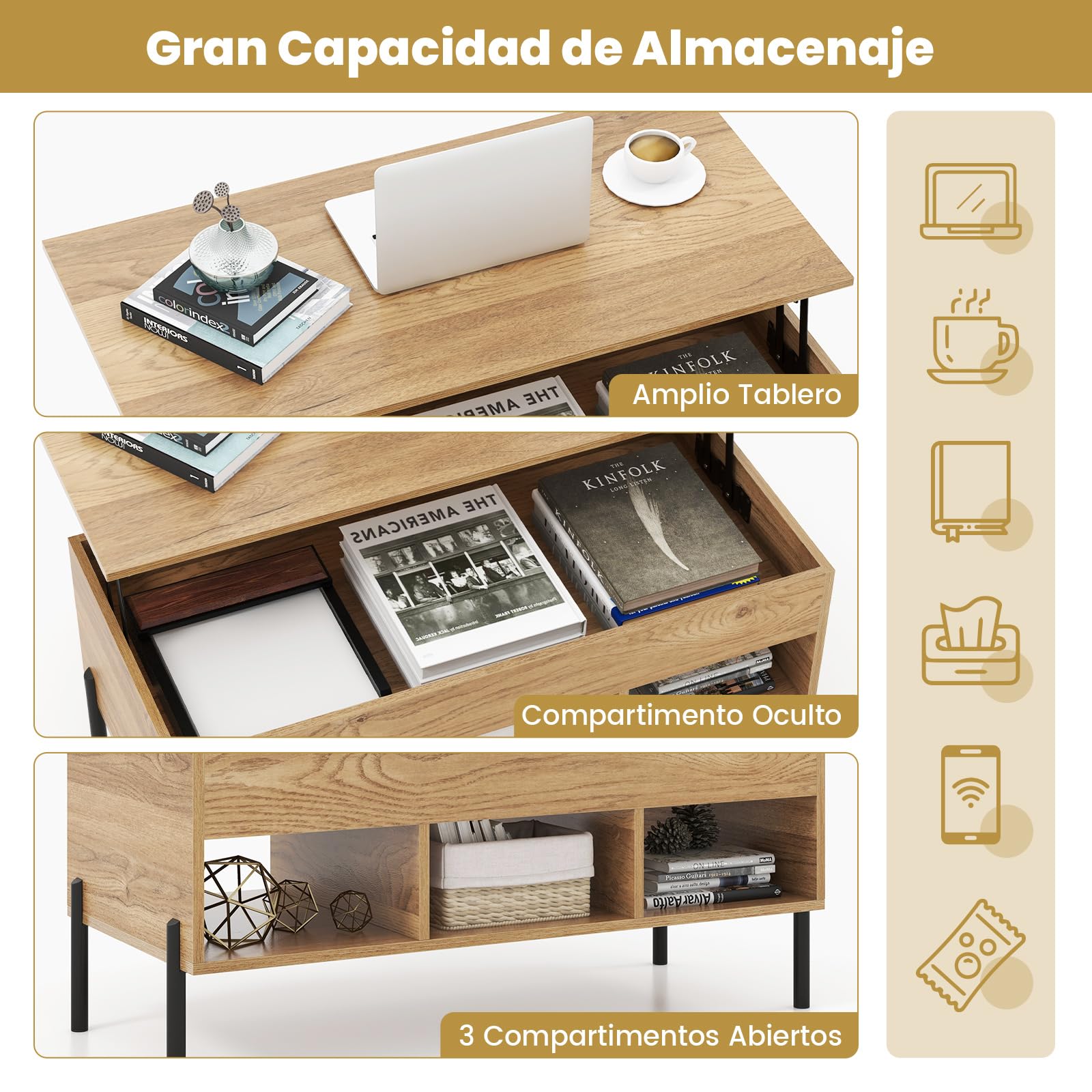 GIANTEX Mesa de Centro con Tablero Elevable y Patas de Metal, Mesa de Café con Compartimento de Almacenamiento Oculto y 3 Cubos Abiertos, Mesita Multifuncional para Salón, Oficina (Natural)