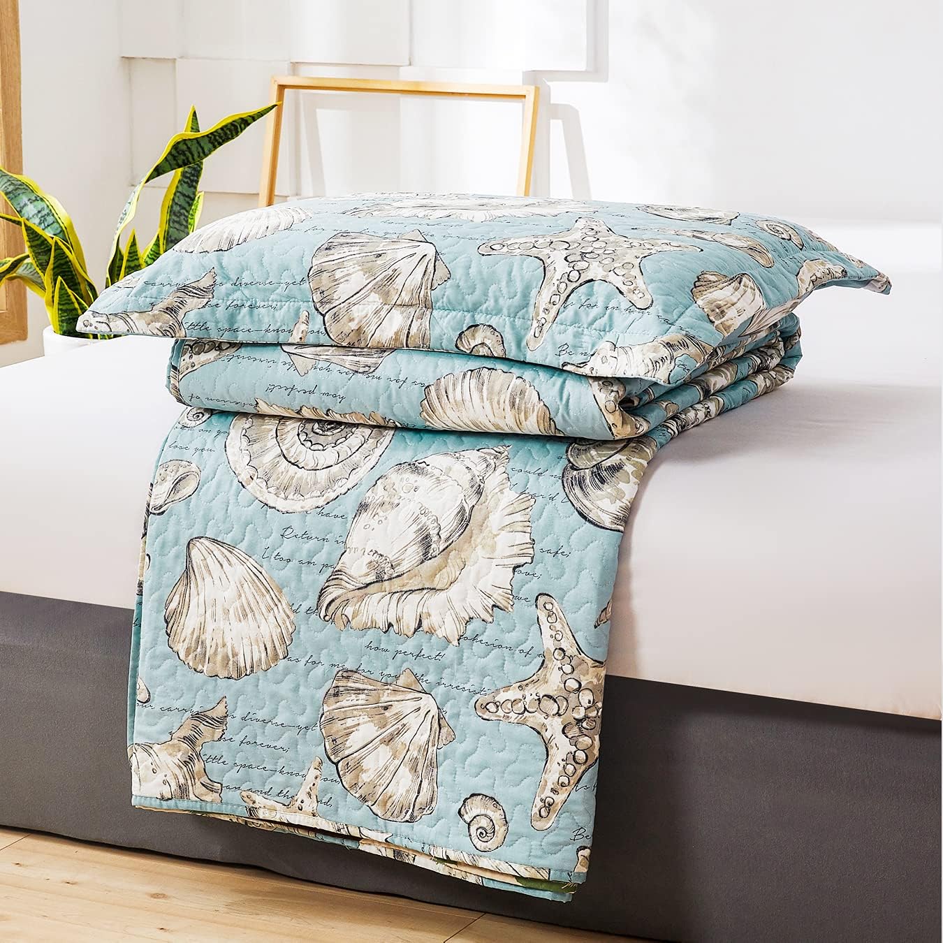 Junsey Beach Quilts Set Full/Queen Size Ocean Theme Bedspreads,3Pcs Seashell Conch Starfish Coverlet Set Lightweight Reversible Bedding with Pillow Shams,Blue : Home & Kitchen