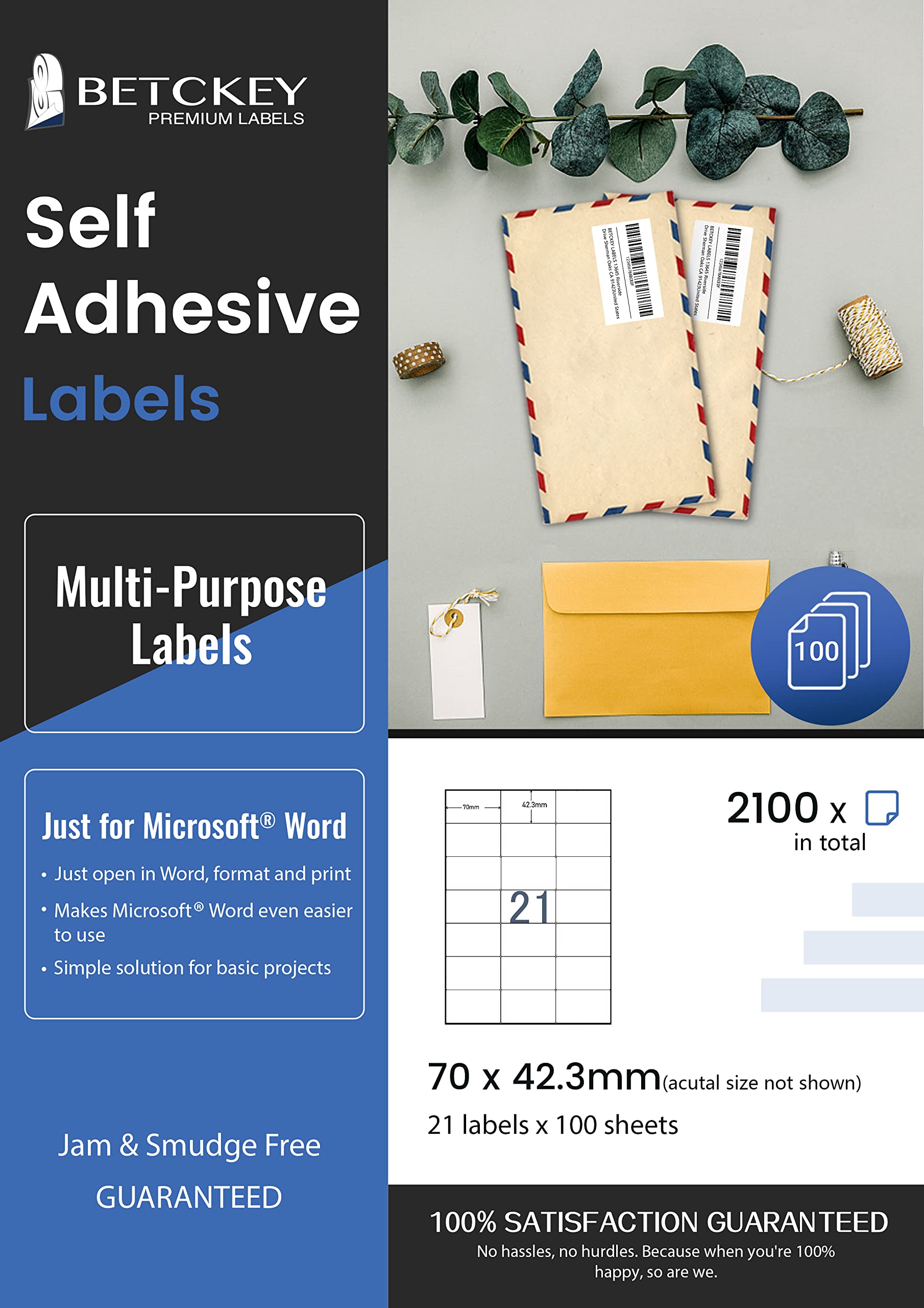 BETCKEY - 100 Fogli, 70 x 42mm, A4 Adesivi per Stampante, 21 Etichettes per Foglio, Carta Adesiva Stampabili per Stampante a Getto d'Inchiostro e Laser