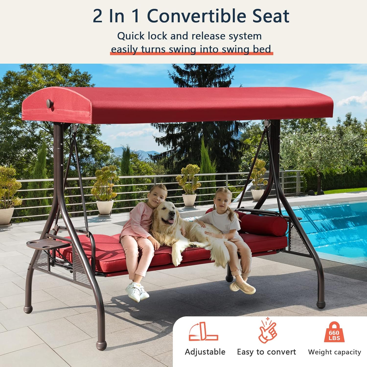 NOBLEMOOD Patio Porch Swing converted into a bed, with two girls and a dog relaxing on it by a pool.