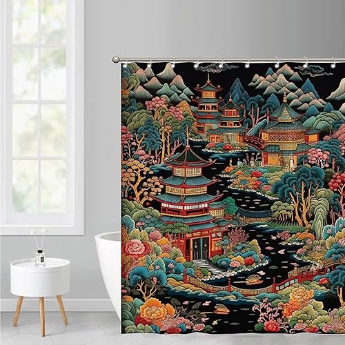 Miniatura 173 de Cortinas de ducha de baño con ganchos, 72 x 92 pulgadas, cortina de ducha de tela impermeable con diseño de flores y pájaros, cortina de ducha