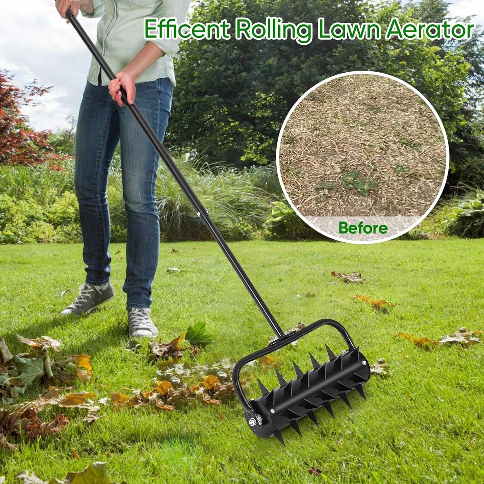 Aireador de césped, Rodillo de césped Manual de Alta Resistencia de 18 Pulgadas, Herramienta de púas rodantes para césped de jardín con Mango y Hoja de Acero Inoxidable de 56 Pulgadas