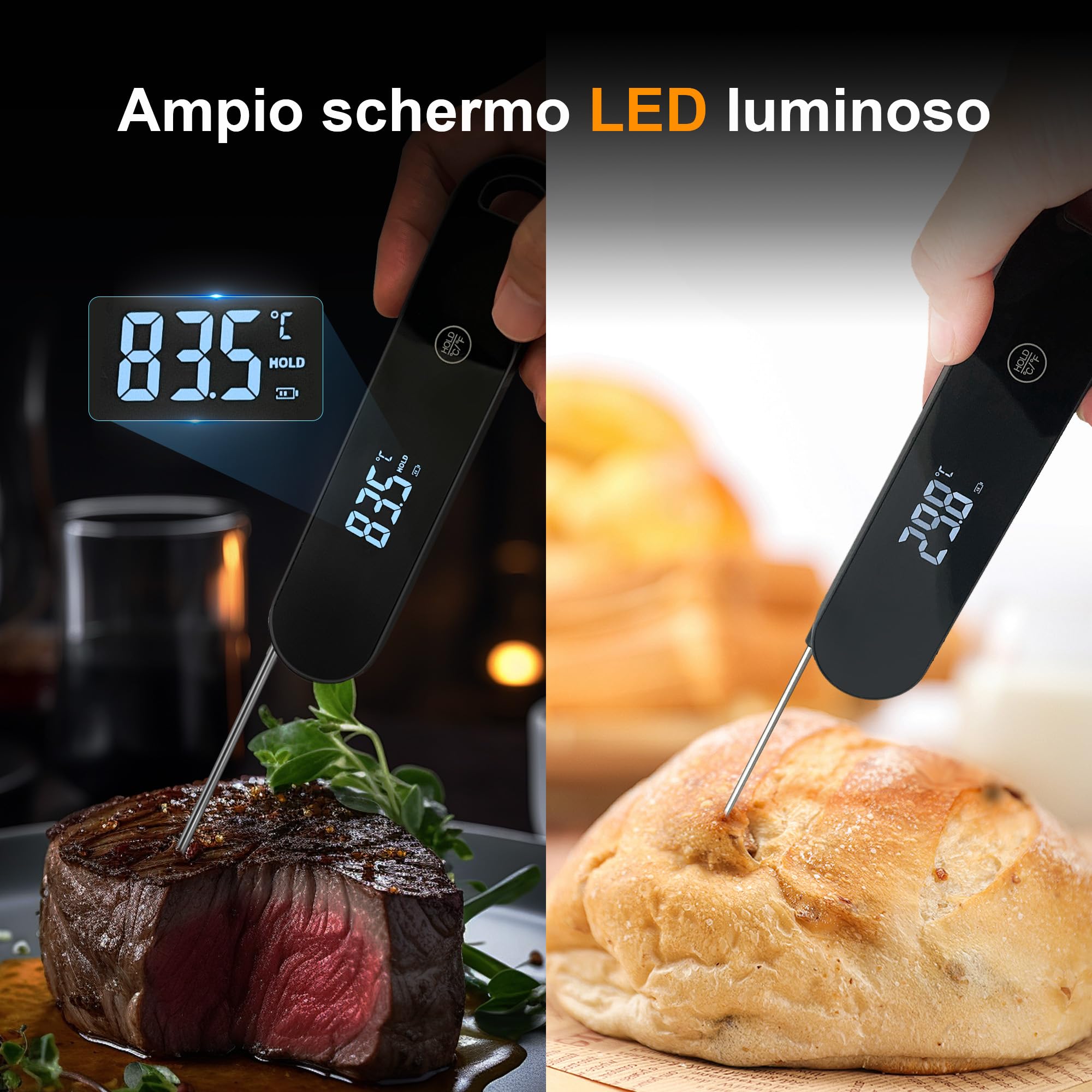 Termometro Cucina ad Alta Precisione, Lettura Istantanea in 0,5 s, Precisione ±0,3°C, Termometro per Carne, Cottura al Forno e Griglia, Display con Rotazione Automatica a 180°