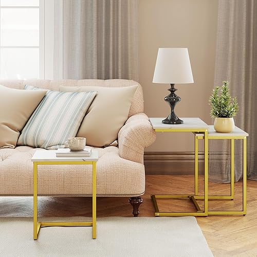 Miniatura 13 de Tangkula Juego de 3 mesas anidables, mesa auxiliar rectangular apilable con parte superior de madera y patas de metal, almohadillas ajustables para