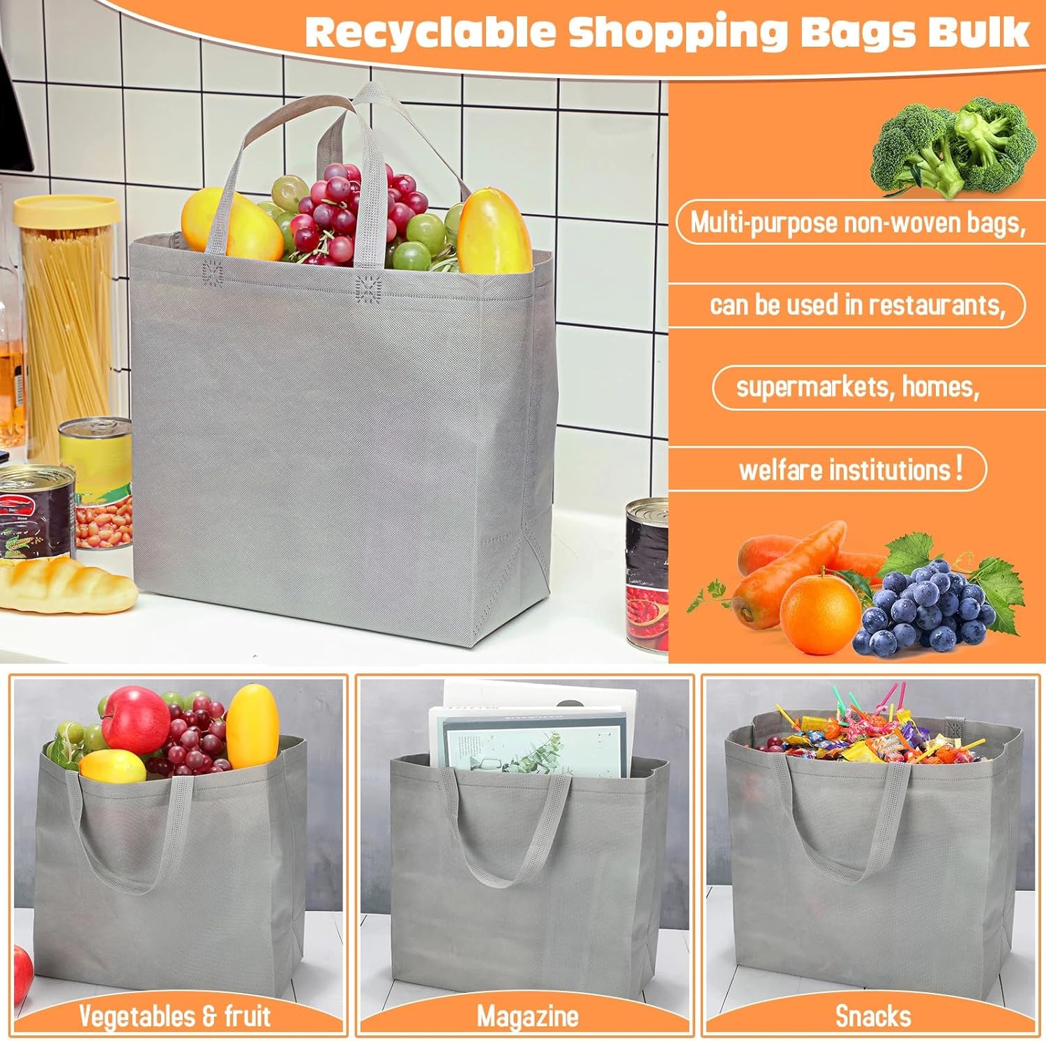 Windyun Reusable Grocery Bags Large Non Woven Shopping Bags with Handles Foldable Portable Tote Bulk, 12.6 x 11.8 x 6.3 Inch - Image 5