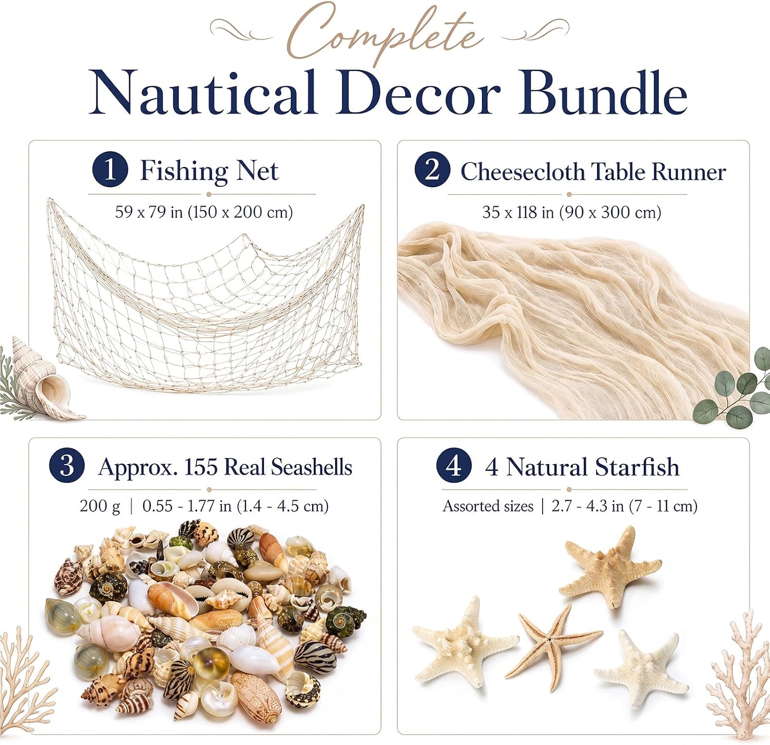 Irenare Nautical Party Decorations with Fishing Net Table Runner 155 Real Seashells 4 Natural Starfish Beach Ocean Theme Decor for Home Table Wall Fireplace Coastal Luau Party Supplies(Cheesecloth) image 3