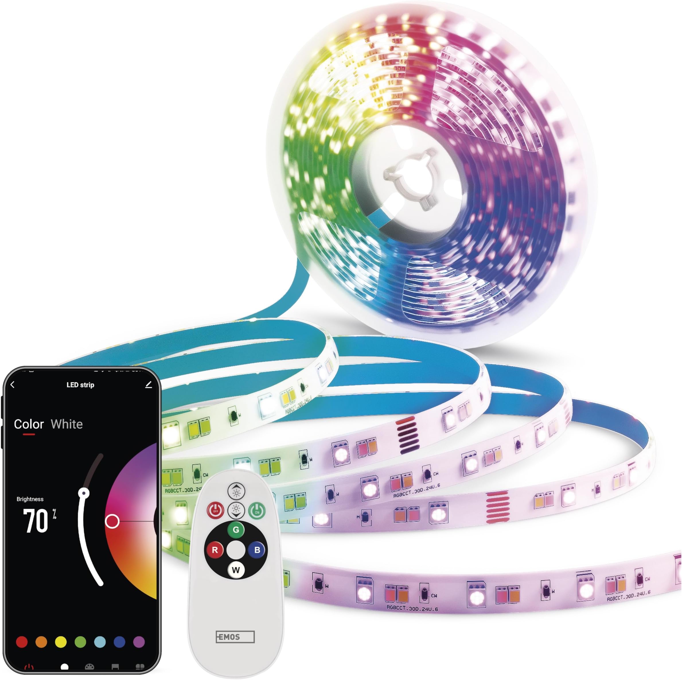 EMOS - Smart LED Strip RGB/CCT 2m - Self-Adhesive LED Strip with Remote Control and App - 16 Mio Colours, Music Synchronization, Timer - Ambience and Party Lighting - Incl. 1.5 Cable and Power Supply