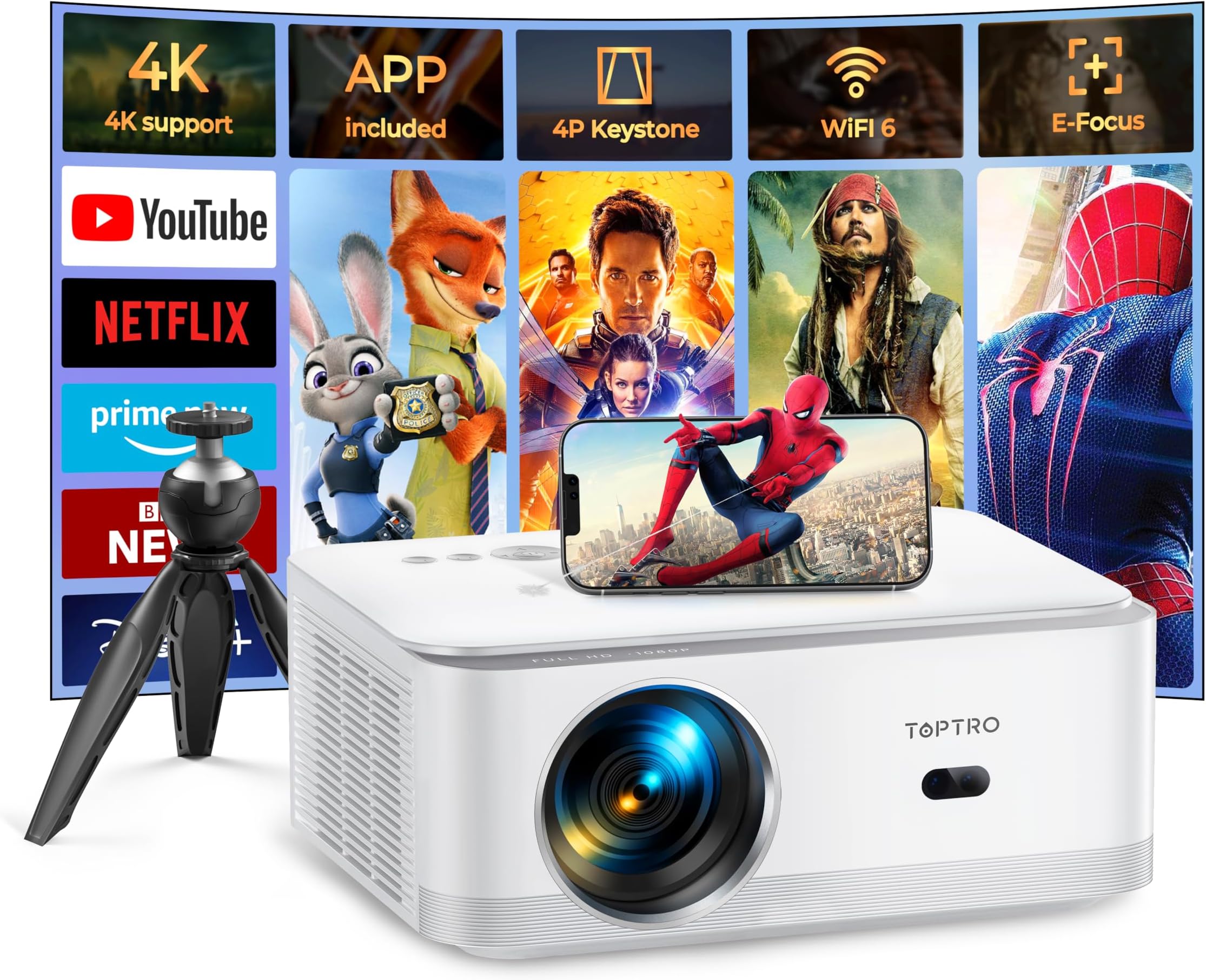 【Built in Netflix/Dis+ & Auto Keystone】Projector 4K Support, 800 ANSI Full HD 1080P Smart Home Projector with 1S Focus, Bluetooth WiFi 6 Projectors for Bedroom 300" Display for Movie, Party, Camping