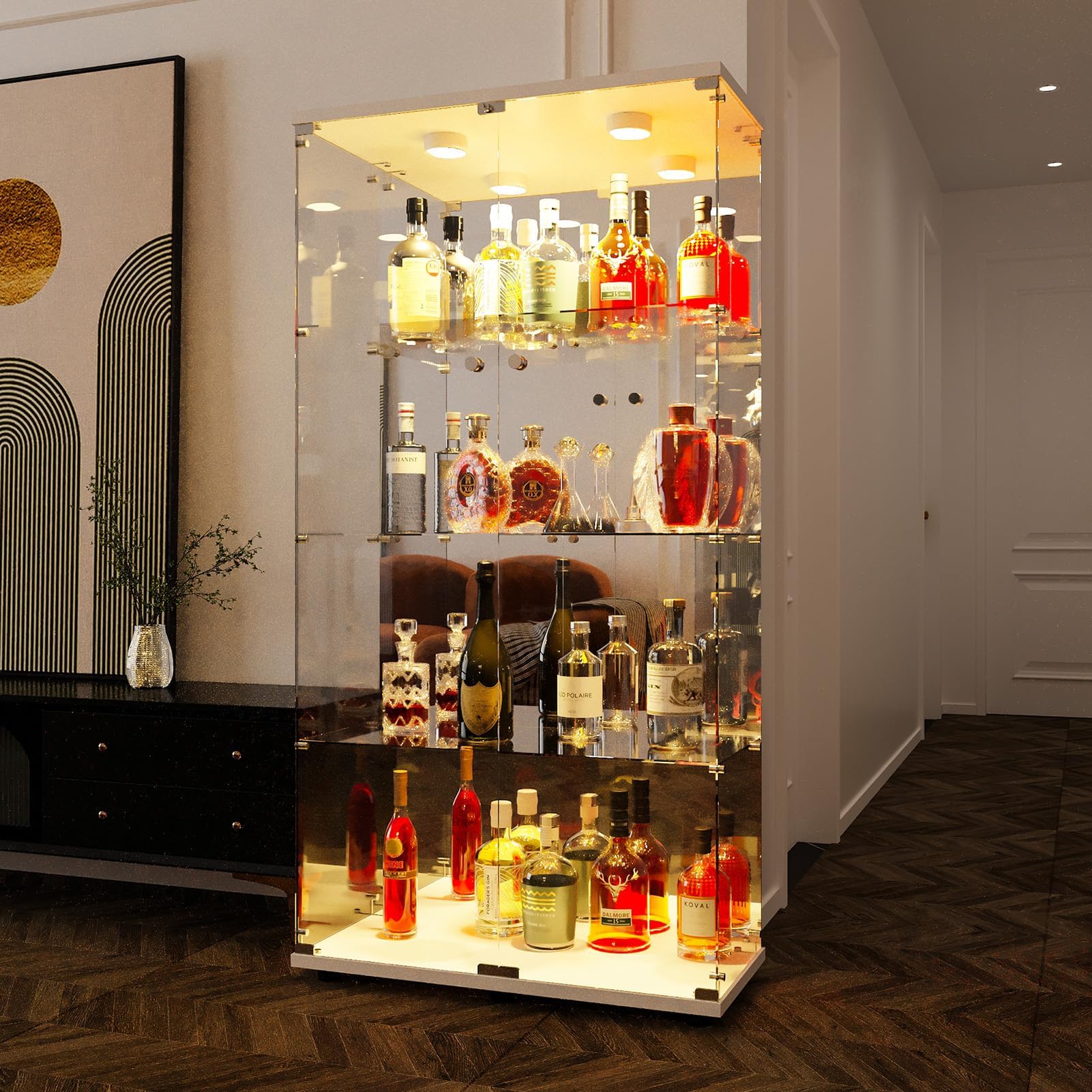 65" Glass Display Cabinet with LED and Lock,4-Shelves Display Cabinets with Glass Doors,Frameless Glass Display Cabinets for Collections,Showcase Cabinet for Living Room,Office, White
