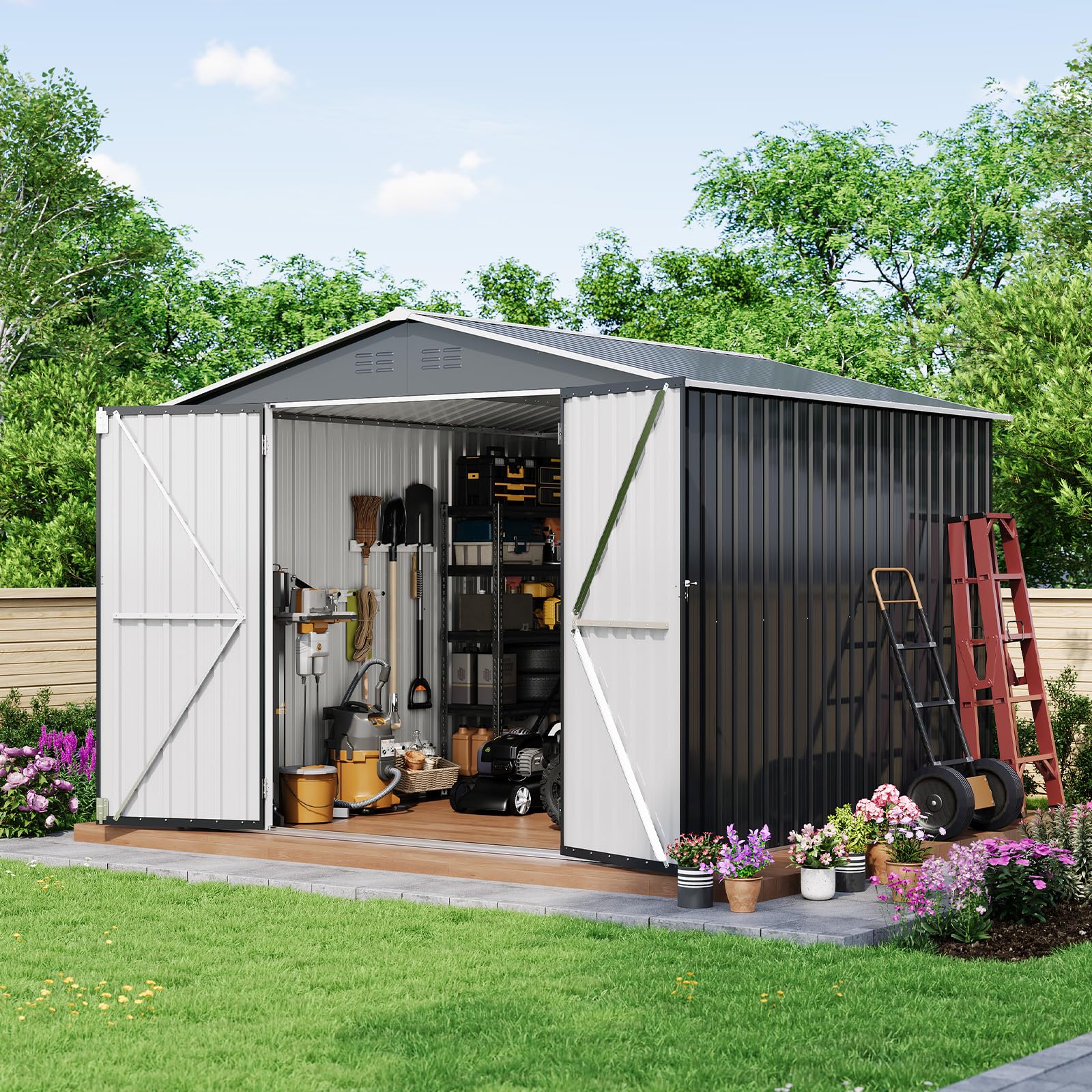 garvee 7.5×8.5ft outdoor storage shed, metal waterproof garden storage shed galvanized steel utility tool shed with lockable doors & vents, all-weather shelter for bike/kids car/mowers, etc. gray (incomplete box 2/2)