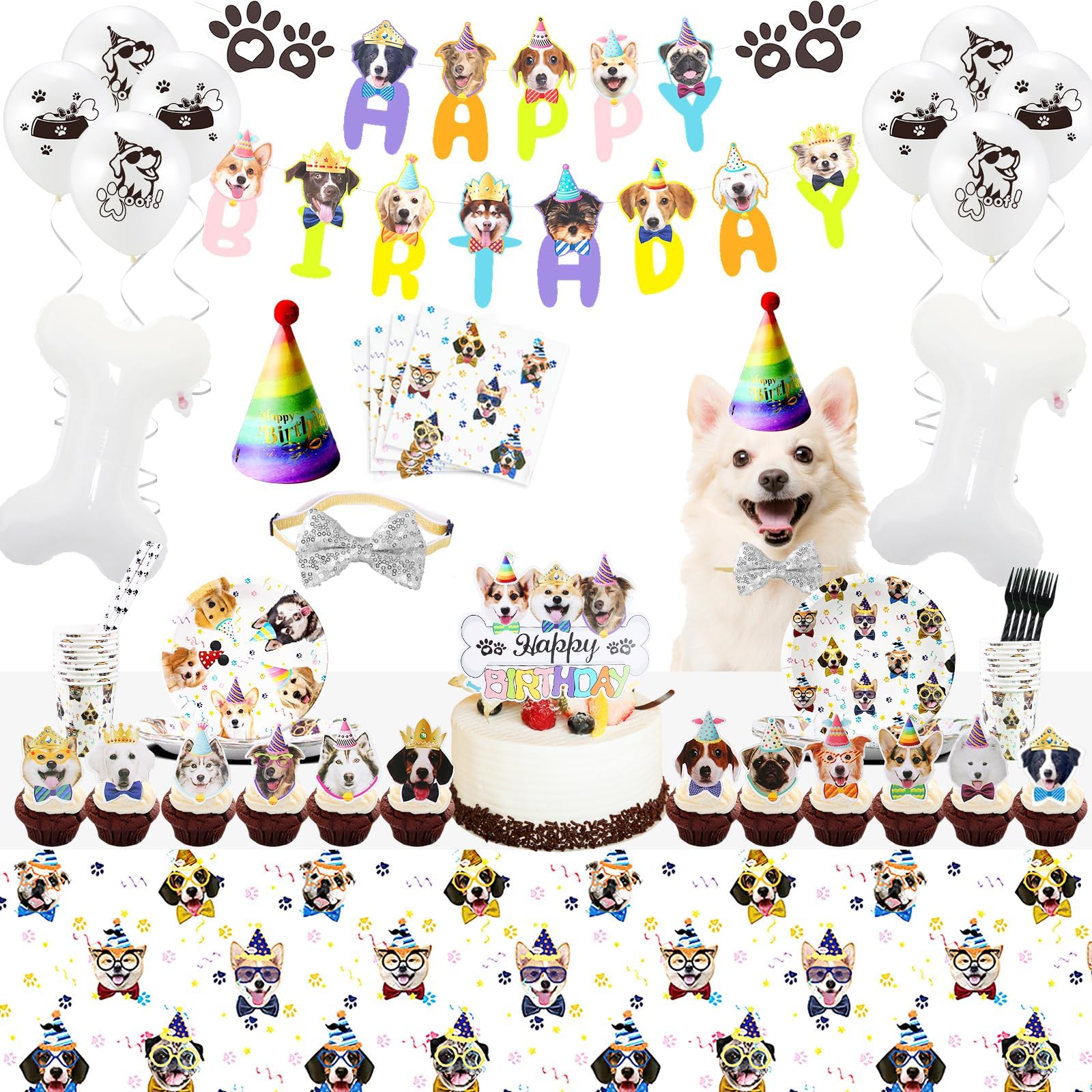 109pcs Dog Birthday Party Supplies,Dog Birthday Decorations Girl,Dog Theme Party Favor Set Includes Hats,Bow Tie,Birthday Banners,balloon,Cake Topper,Cupcake Topper,Tablecioth,Plate,Fork,Cup,Straw