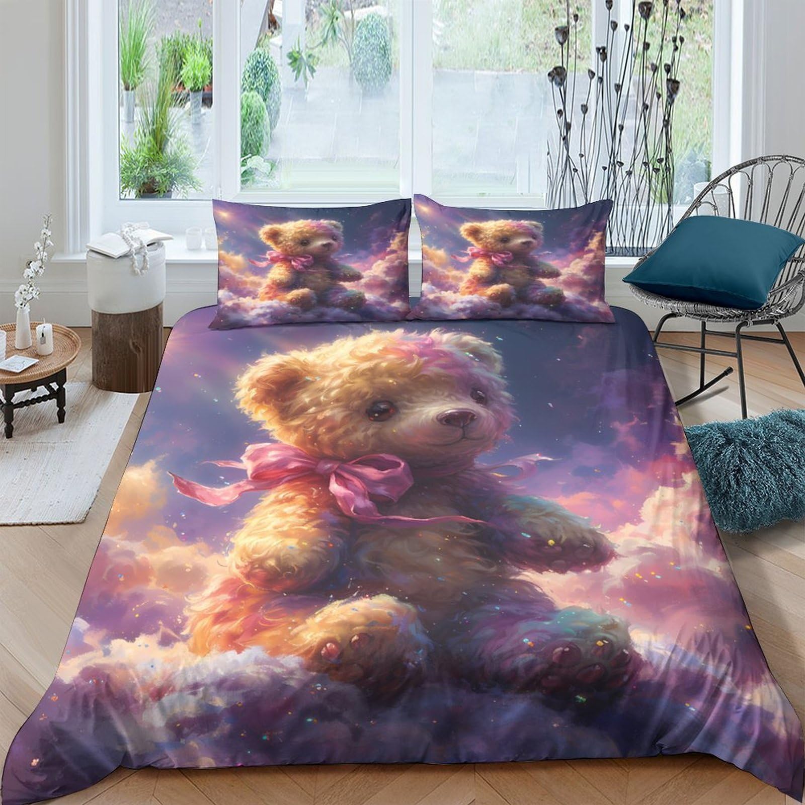 Ctjqhvkz Style-4 3D Printed Cute Teddy Bear Fitted Sheet Microfiber Soft Cartoon Clouds Bed Cover Non Slip For Bedroom Dorm Mattress Protection Single（135X200cm）
