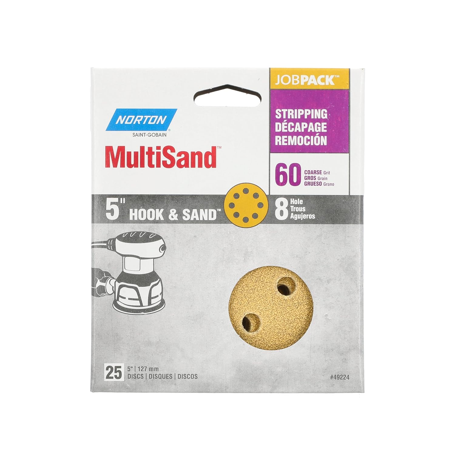 Norton MultiSand Hook and Loop Sanding Discs, Orbital Sander Sandpaper for Wood, Metal and Fiberglass, 60 Grit Sand Paper, 5 Inch Sanding Discs Hook and Loop, Pack of 25