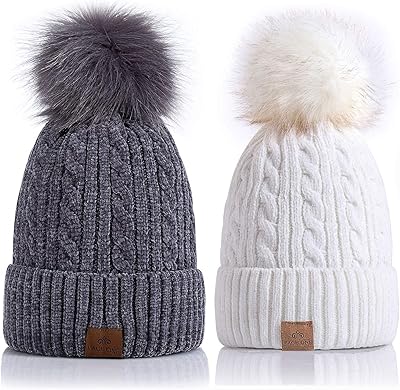 PAGE ONE Women Winter Pom Pom Beanie Hats Warm Fleece Lined,Chunky Trendy Cute Chenille Knit Twist Cap Dark Grey