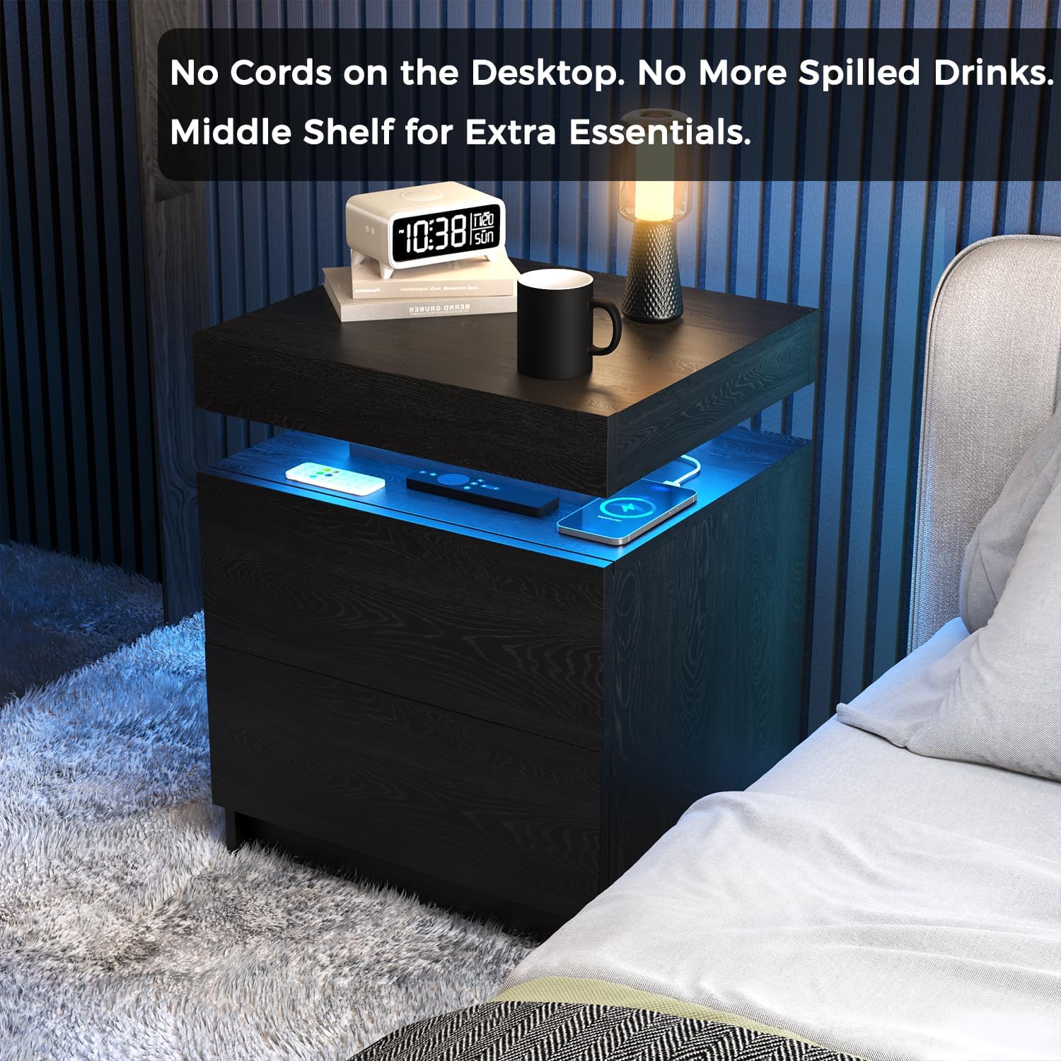 LED Nightstands Set of 2, Modern Black Night Stand End Tables with APP & Remote Control LED Lighting, 2 Drawers, Open Shelf Storage