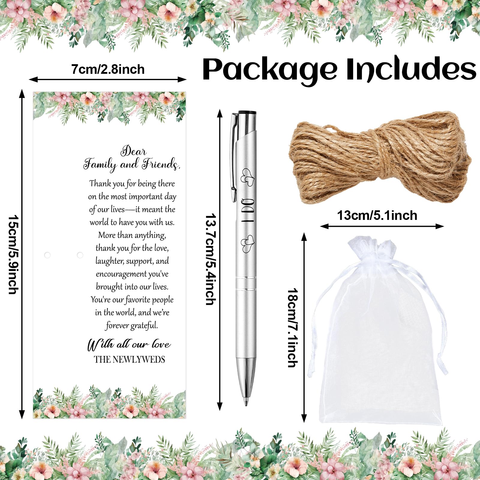 Set di 50 bomboniere per gli ospiti, include penne a sfera retrattili, biglietti di ringraziamento, sacchetto in organza, corda di canapa, bomboniere, addio al nubilato, regali, souvenir, souvenir per