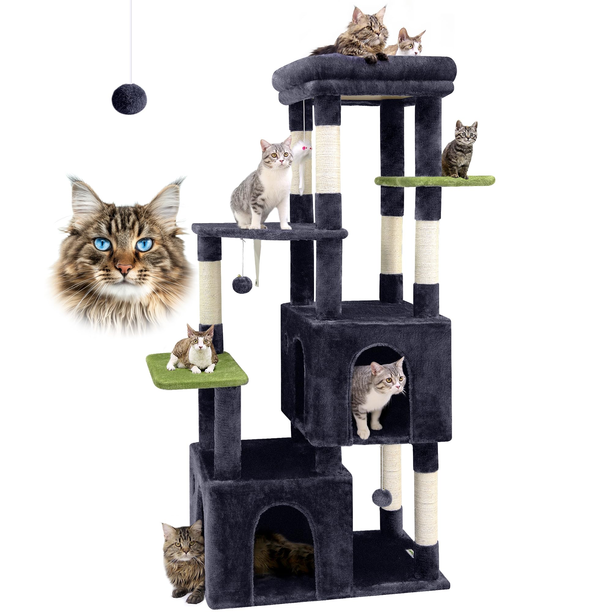 F61 Cat Tower for Indoor Cats, Heavy Duty Cat Trees for Large Cats Adult Big Cats Maine Coon Cat Tree Tower with Scratching Post, Extra Large Top Perch, Cat Condos, Dark Grey, 61inch