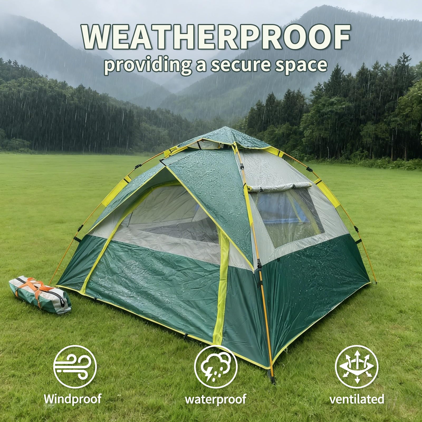 Tenda da campeggio, tenda pop-up, due porte e due finestre, adatta per 2-3 persone, impermeabile e a prova di insetti, ideale per campeggio, viaggi e uso in giardino, verde