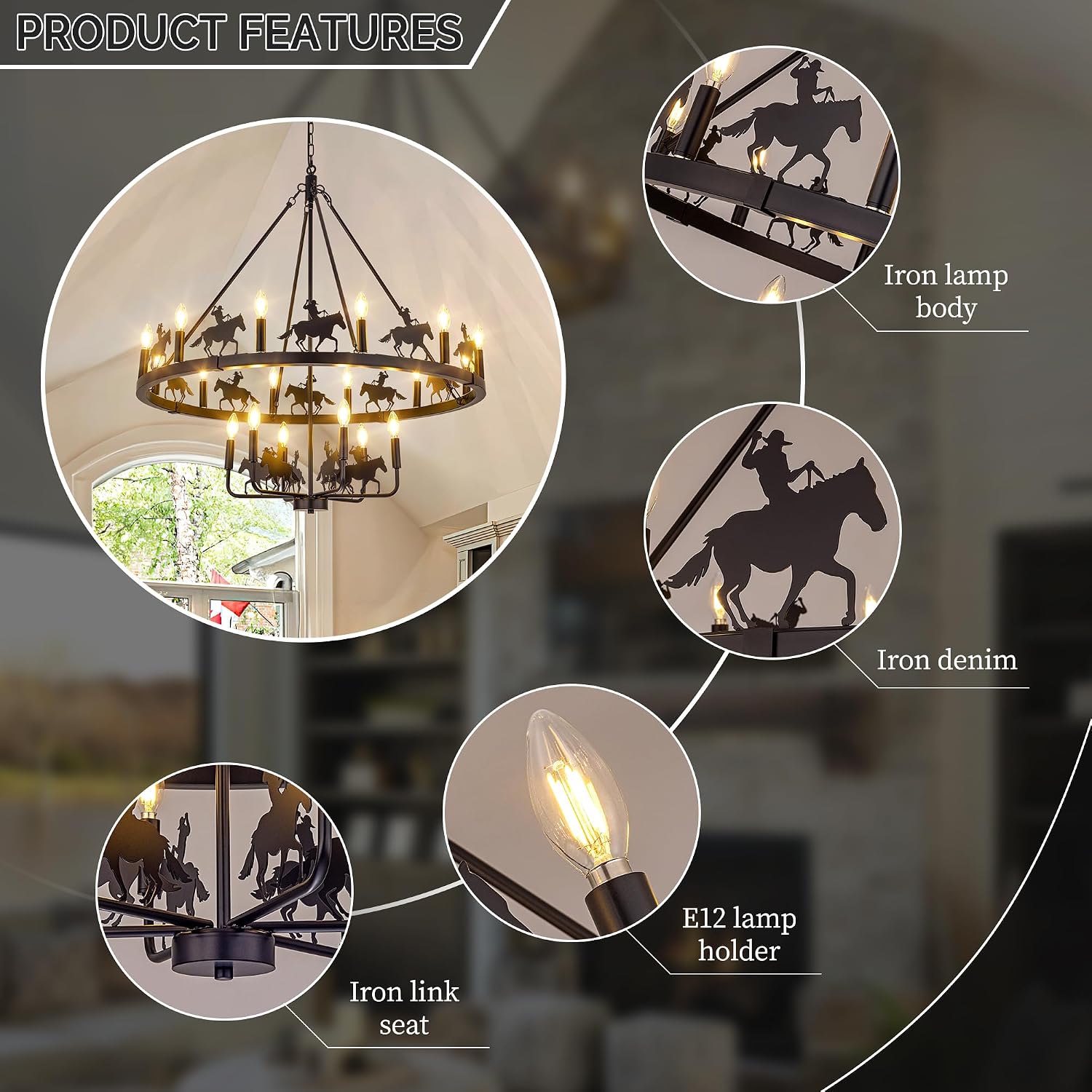 Wellmet 2-Tier Large Black Wagon Wheel Chandelier, Cowboy Rustic Chandelier Lighting Fixture, 40'' Farmhouse Pendant Light, for Dining Room, Living Room, Office, Entryway, Bedroom