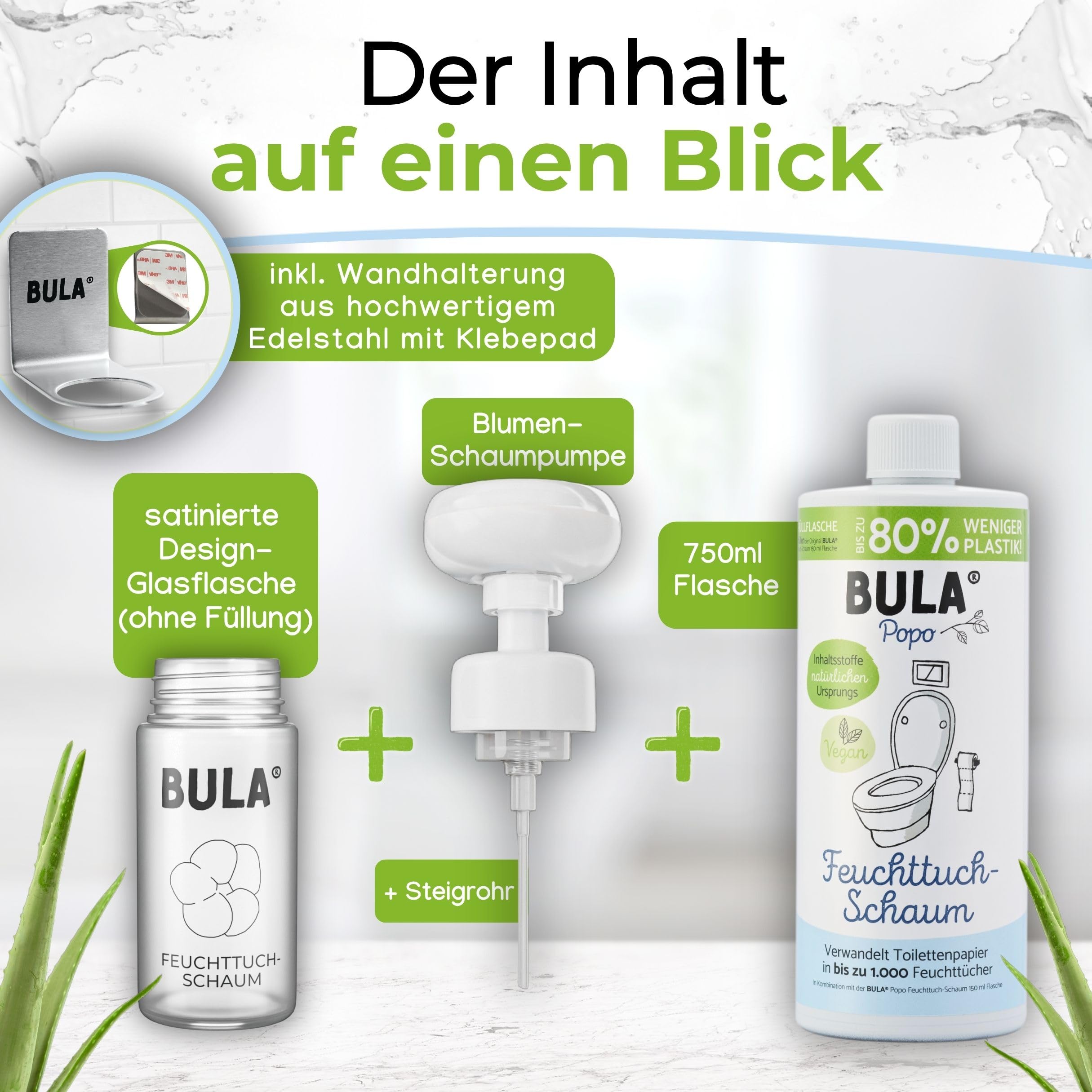 BULA® Popo - Juego de botellas de cristal ecológicas con diseño de botella de cristal (vacía) + botella de recambio + bomba de espuma de flores con soporte | alternativa sostenible para toallitas