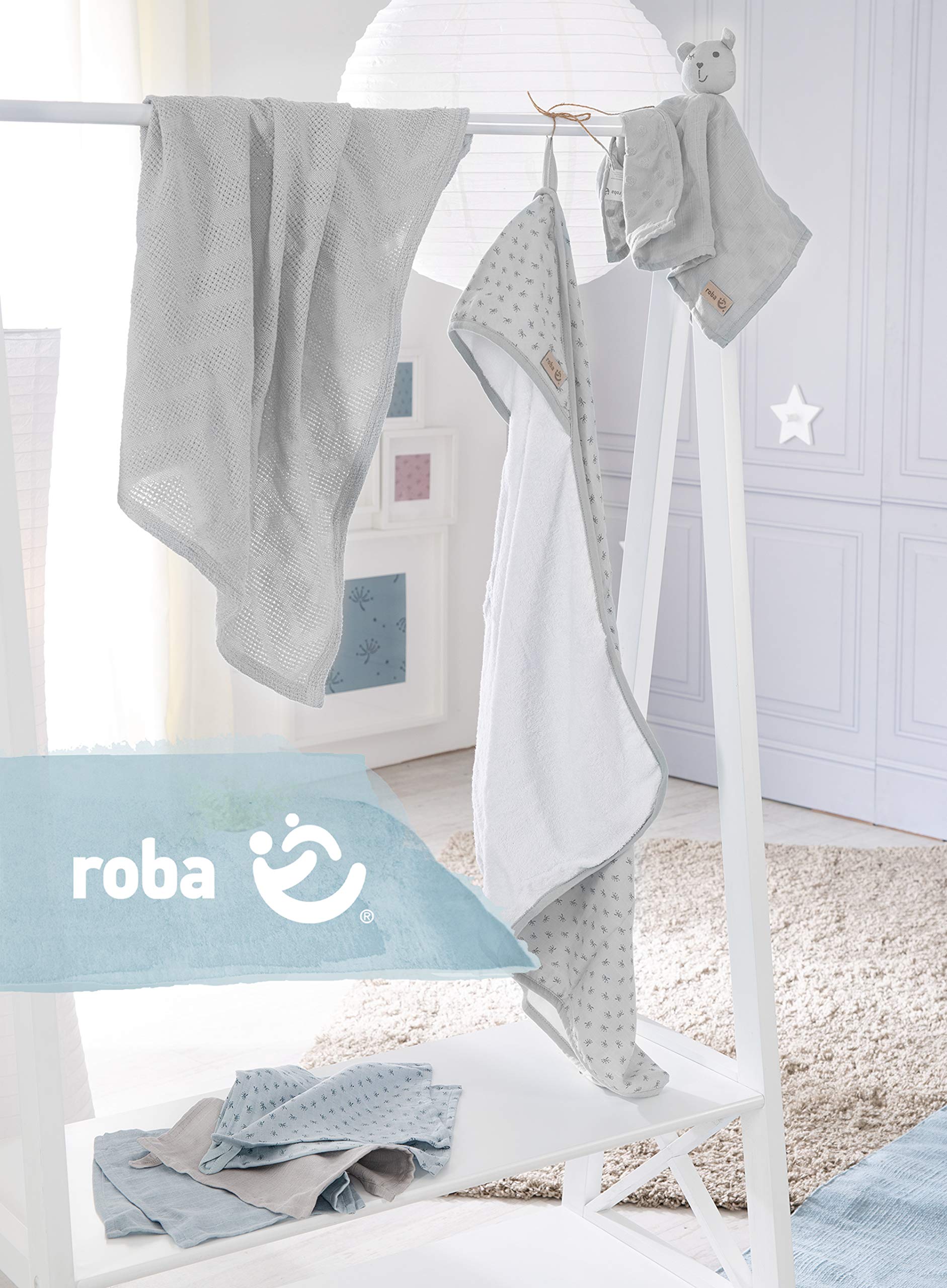 roba Coffret Sortie de Bain Bébé Lil Planet - 1 Cape de Bain + 5 Gants de Toilette + 1 Serviette Doudou + 1 Couverture - Certifié GOTS et OEKO-TEX - Gris Argenté