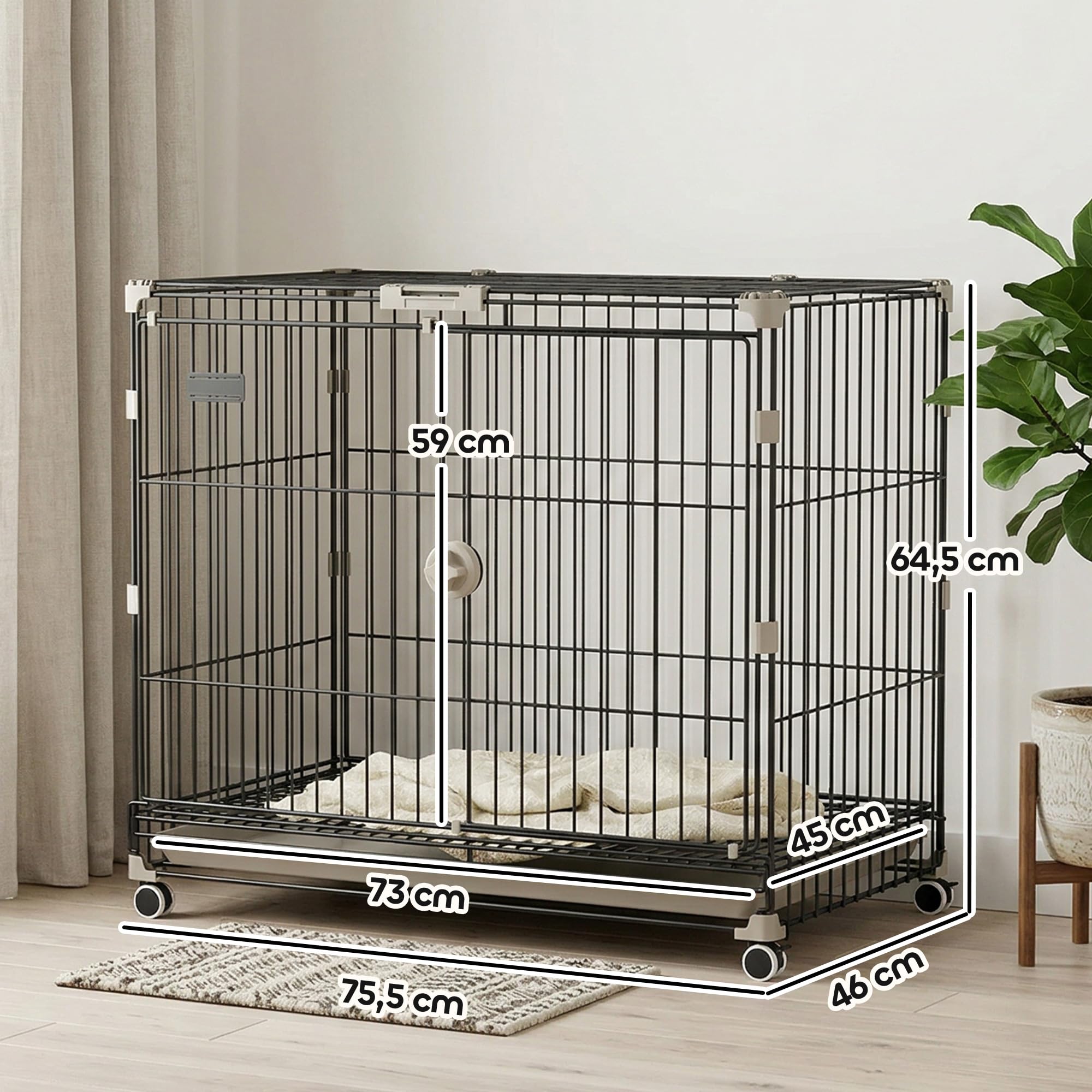 PawHut Cage pour Chien, Plateau Amovible, Roues avec Freins, Toit Ouvrant Verrouillable, Niche Chien Interieur pour Petits et Moyens Chiens, 75,5x46x64,5cm, Noir