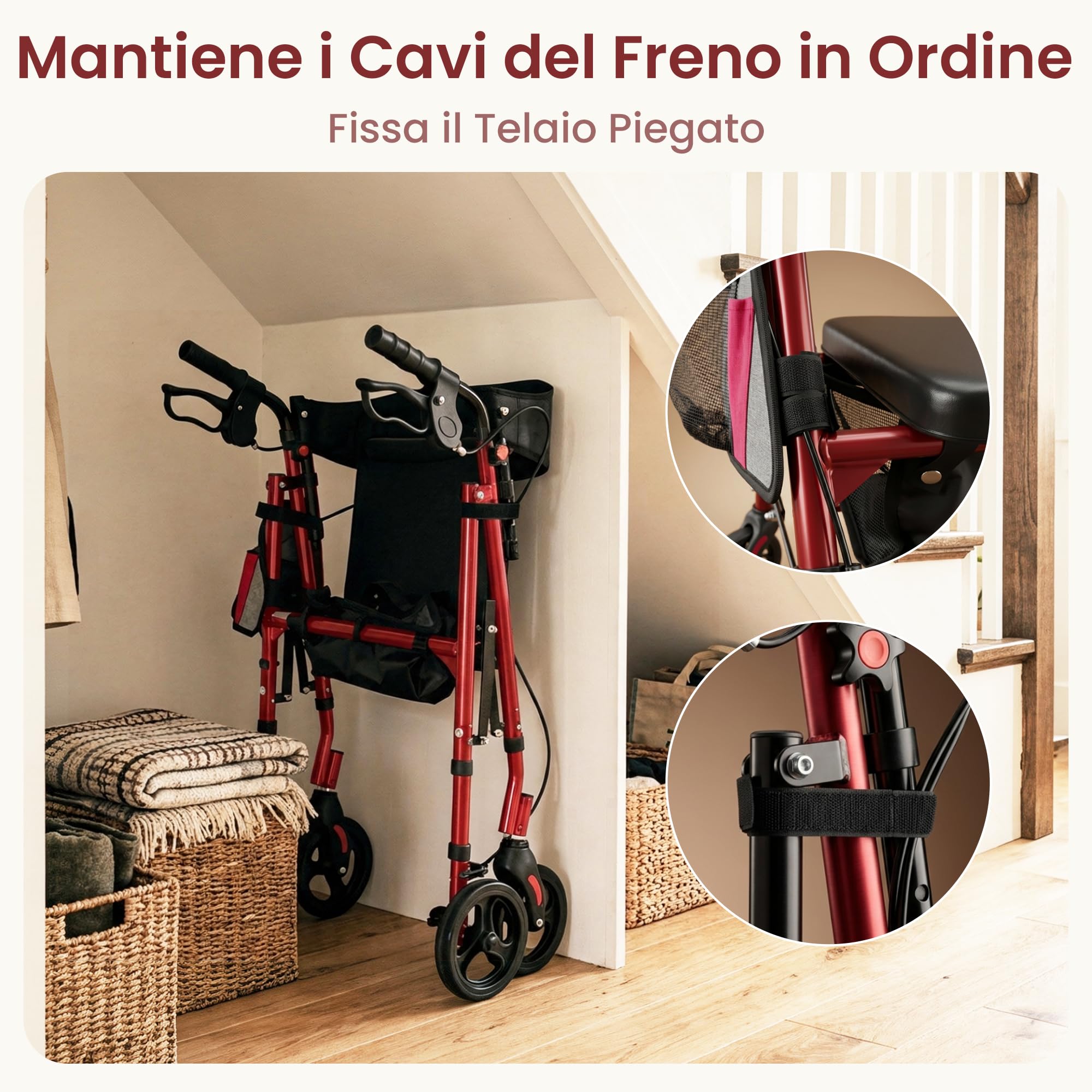 Deambulatore pieghevole e leggero con sedile, deambulatore sottile per casa, deambulatore per anziani, con sedile e maniglia regolabili in altezza, con freno, cestino rimovibile, rosso