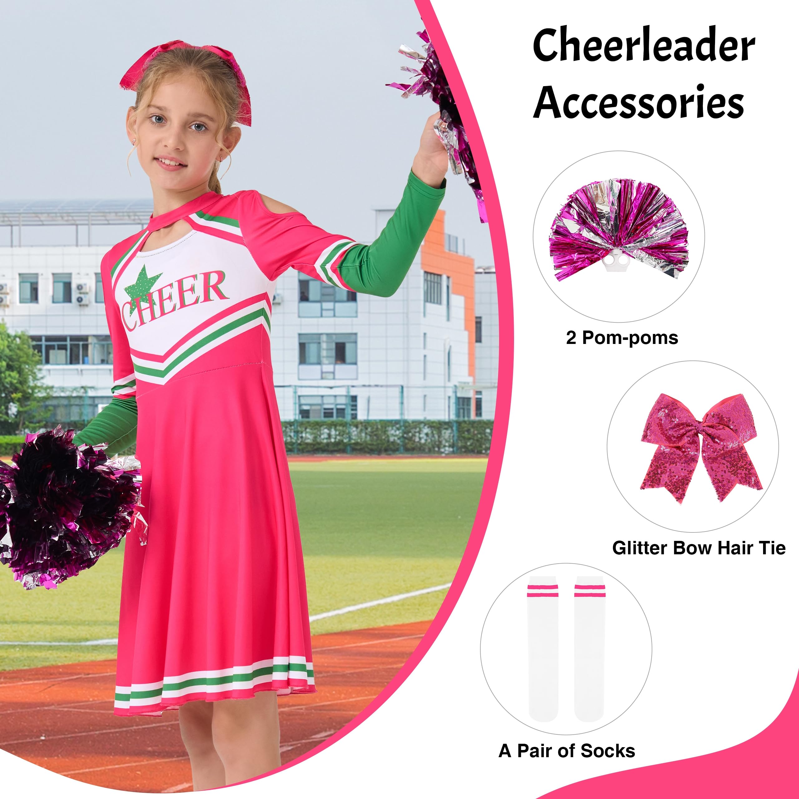 LOLANTA Costume da Cheerleader per Bambini, Vestito da Cheerleader a Maniche Lunghe per Ragazze con Pompon e Calzini, Carnevale o Evento Sportivo