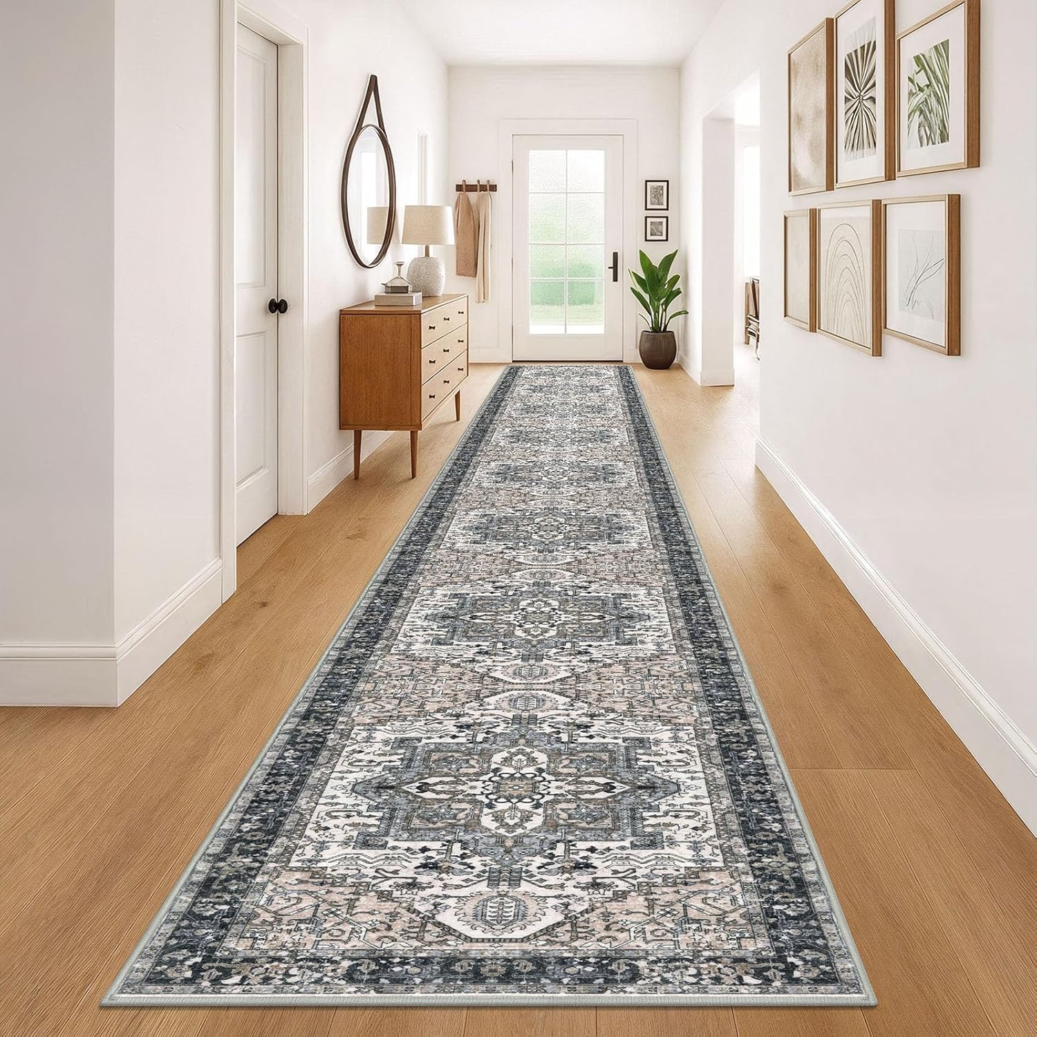 KOZYFLY Runners for Hallways 3x20 Ft Extra Long Faux Wool Washable Thin Hallway Rug Printed Runner Carpet for Entryway Bedroom Stair Kitchen Hall Living Room Decor, Black/Taupe/Beige