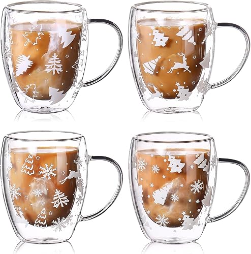Layhit Juego de 4 tazas de vidrio de Navidad, 12 onzas, de vidrio doble con asa, tazas transparentes, estilos navideños, tazas de café helado,