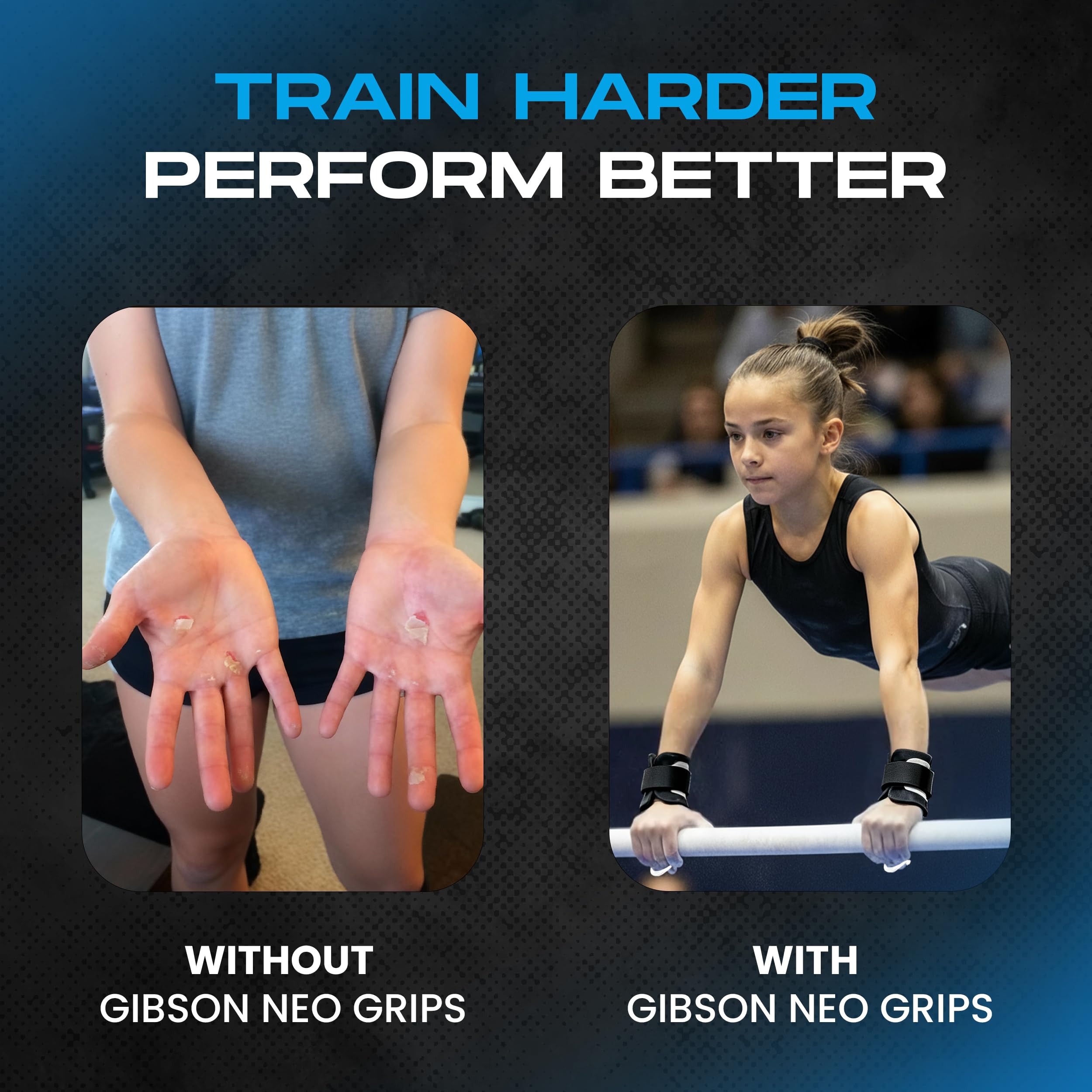 Gibson Mädchen Just Right Neo Neopren Handgelenk Haken & Schlaufe Uneven Bar Grips Zwei Loch Grip XXS, XS, S, M, L, Frauen Gymnastik Griffe Langlebiges Leder