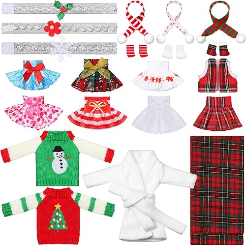 Sanwuta Juego de accesorios navideños de 24 piezas: ropa, vestido, falda, suéter, diadema, albornoz, saco de dormir, bufanda y calcetín para