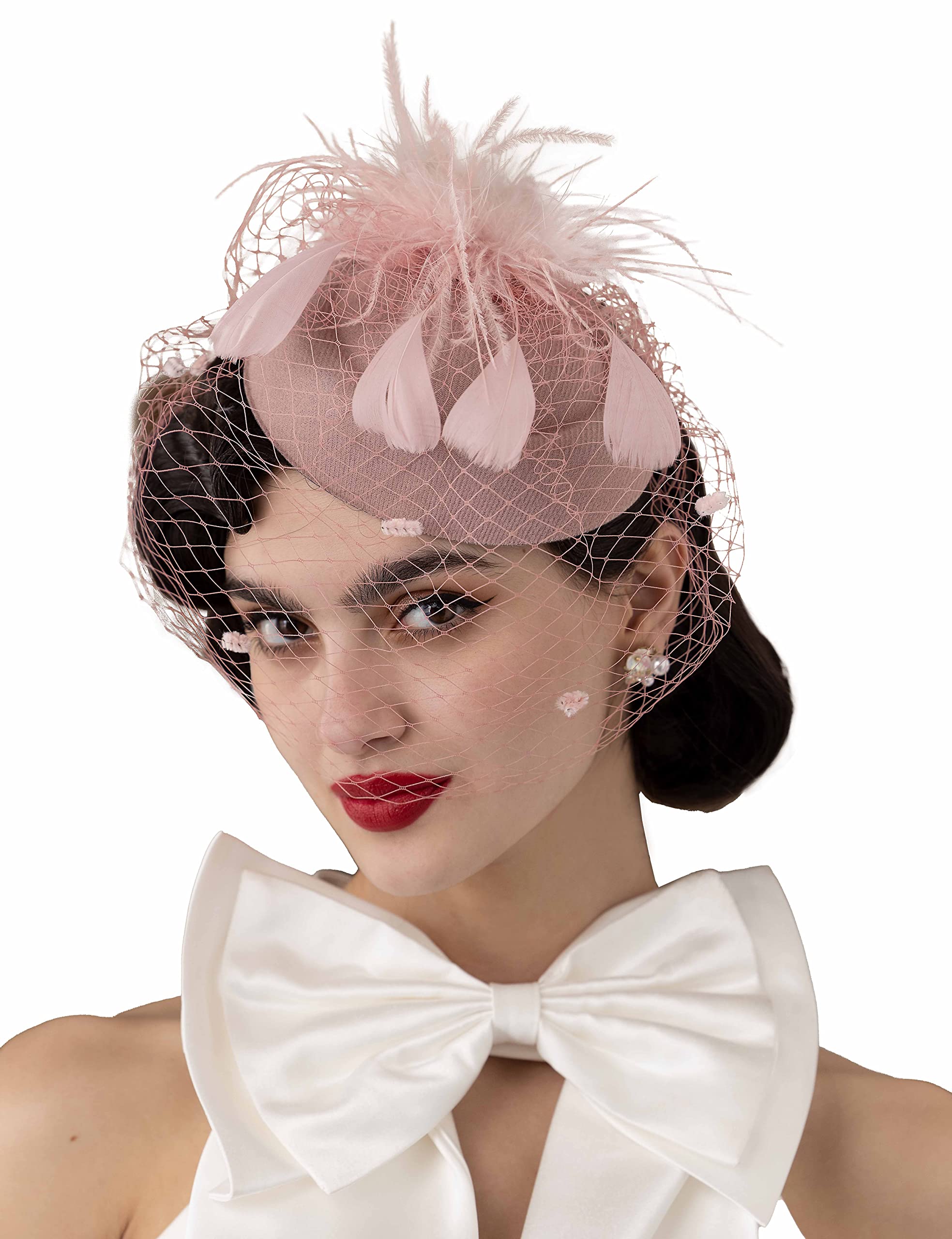ZivyesFascinator Hats for Women Pillbox Hat with Veil Headband and a Forked Clip Tea Party Headwear