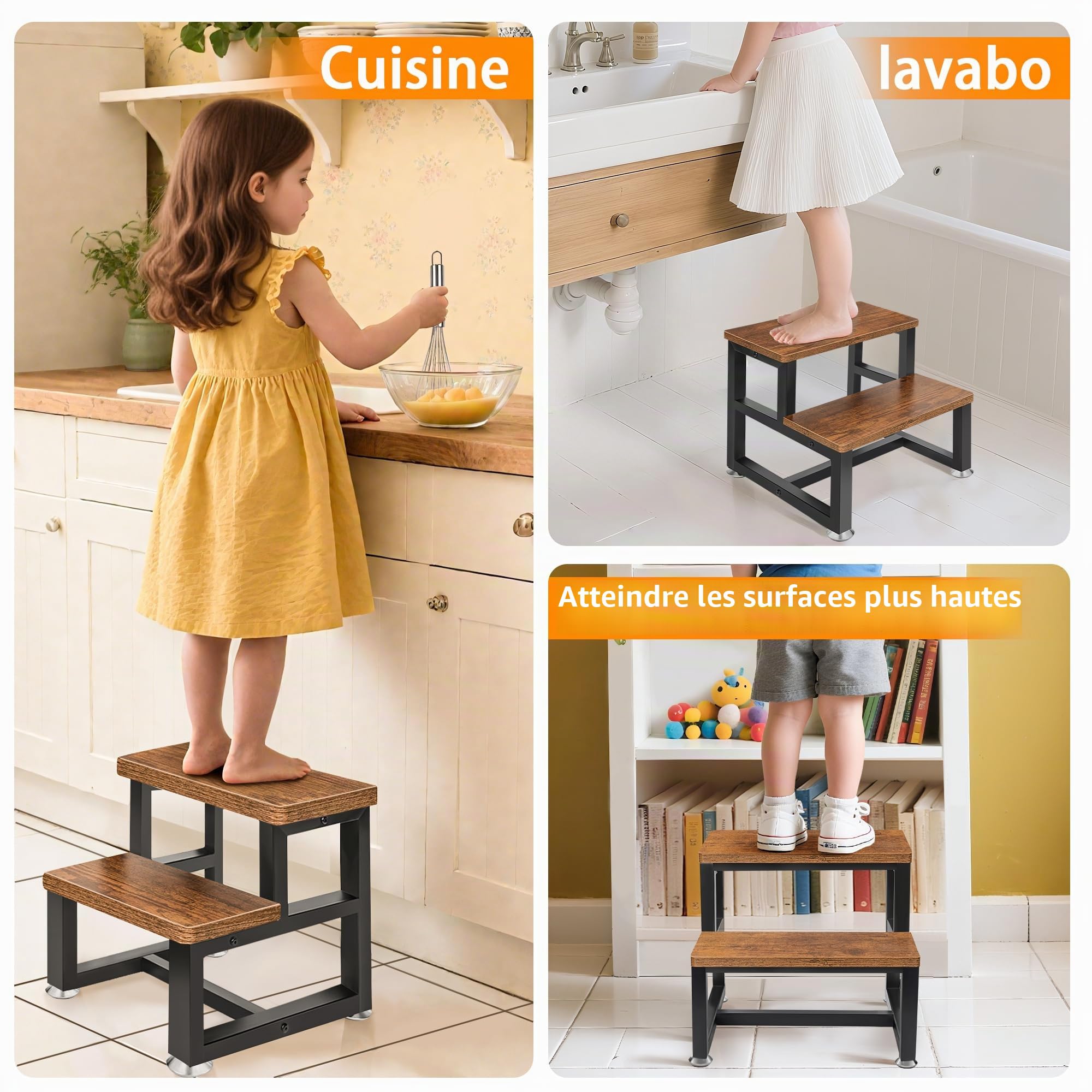 Marchepied pour enfant 2 marches cadre en métal lourd repose-pieds en bois stable 100 kg