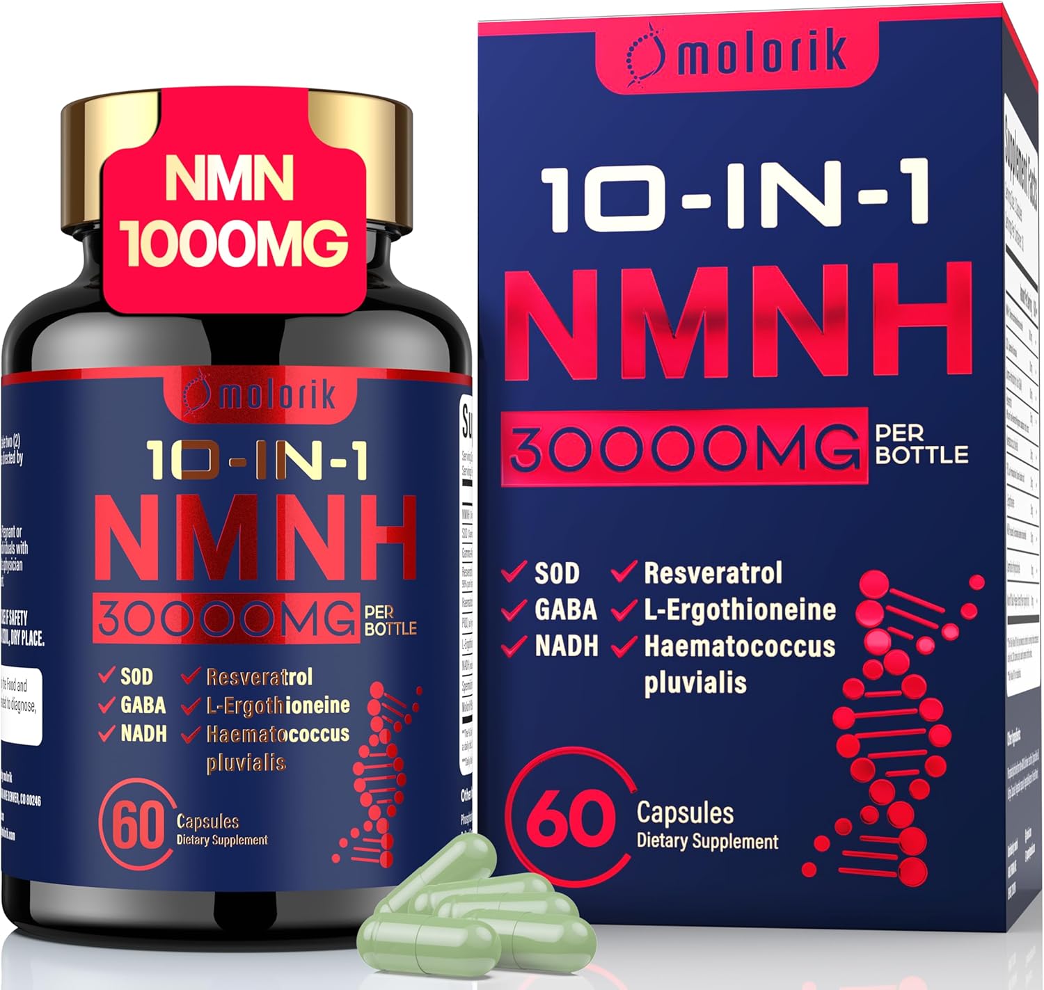 NMNH (Dihydronicotinamide Mononucleotide), 1000mg Per Serving NAD High Purity Supplement Alternative, 60 Capsules Gluten Free, Non-GMO, for Anti-Aging, Energy, Focus - 30 Servings